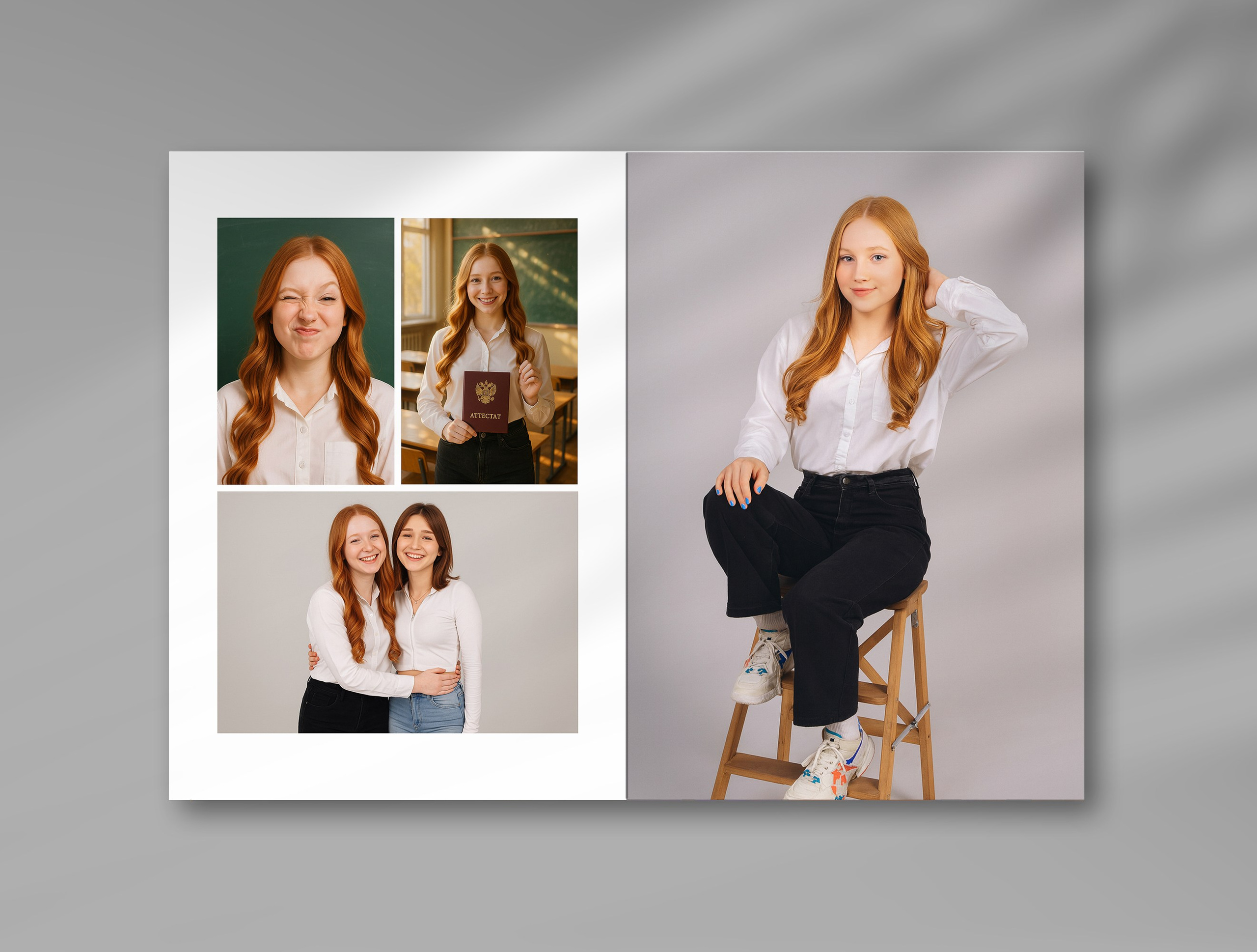 Разворот альбома 11 класса — серия портретов выпускницы в белой рубашке, фото с подругой.