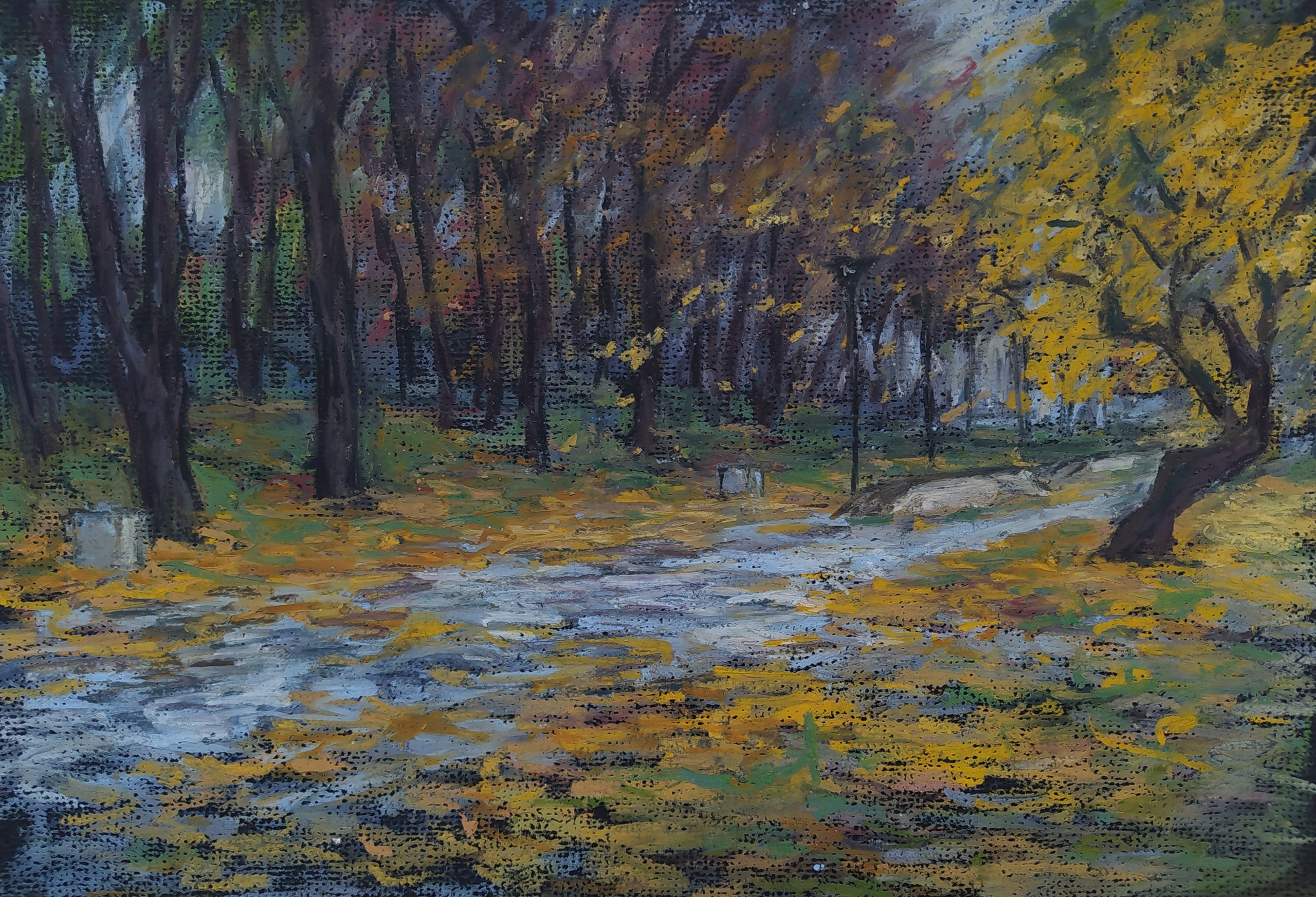 Пейзаж масляной пастелью, рисунок - осенний листопад на набережной