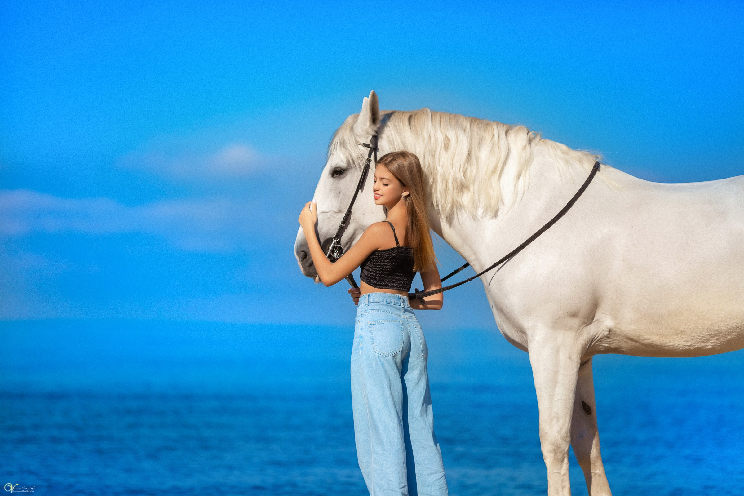 Голубое небо, красивое море, летняя фотосессия на берегу залива, Финский залив, фотограф Оля Ветрова, фотосессии с лошадьми Санкт-Петербург, фотосессия в Сестрорецке