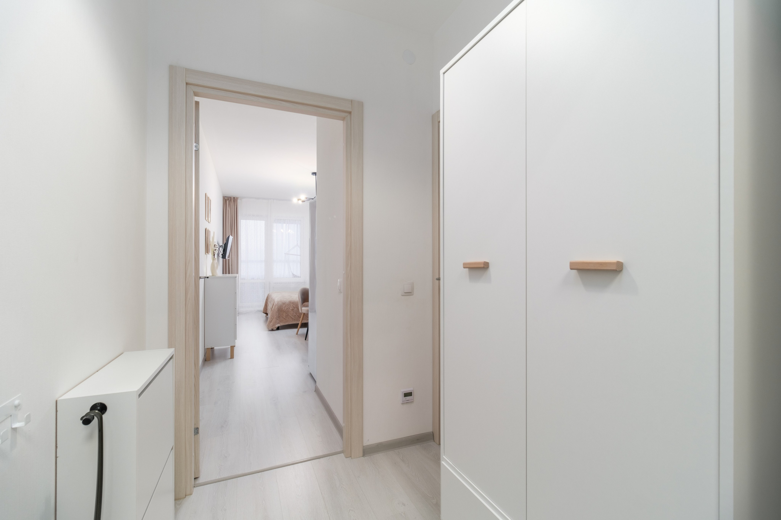 На изображении представлен коридор небольшой студии, выполненный в светлых тонах. Видна дверь, ведущая в другую комнату, а также шкаф с деревянными ручками.