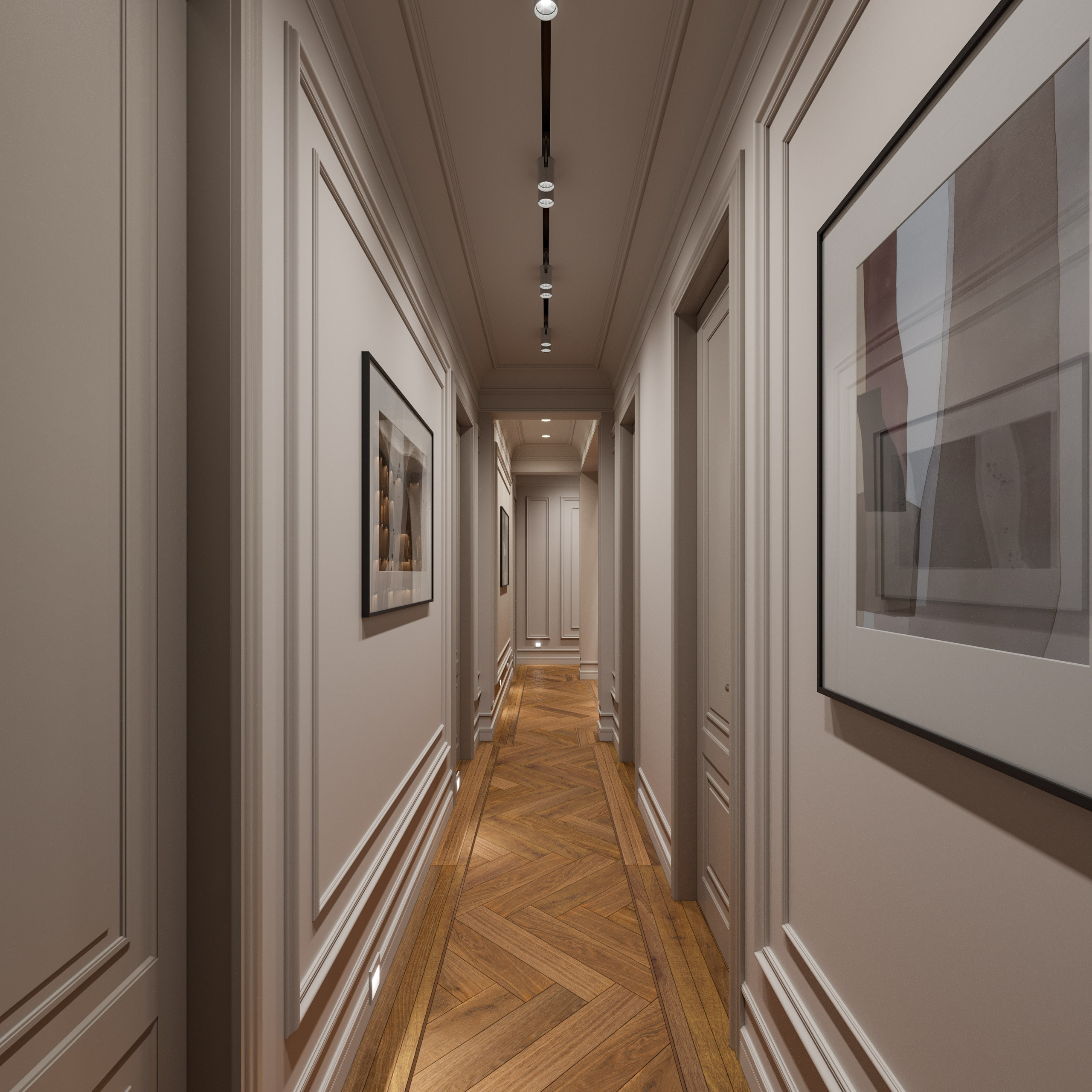 Коридор-галерея с симметричными панелями и классическим паркетом