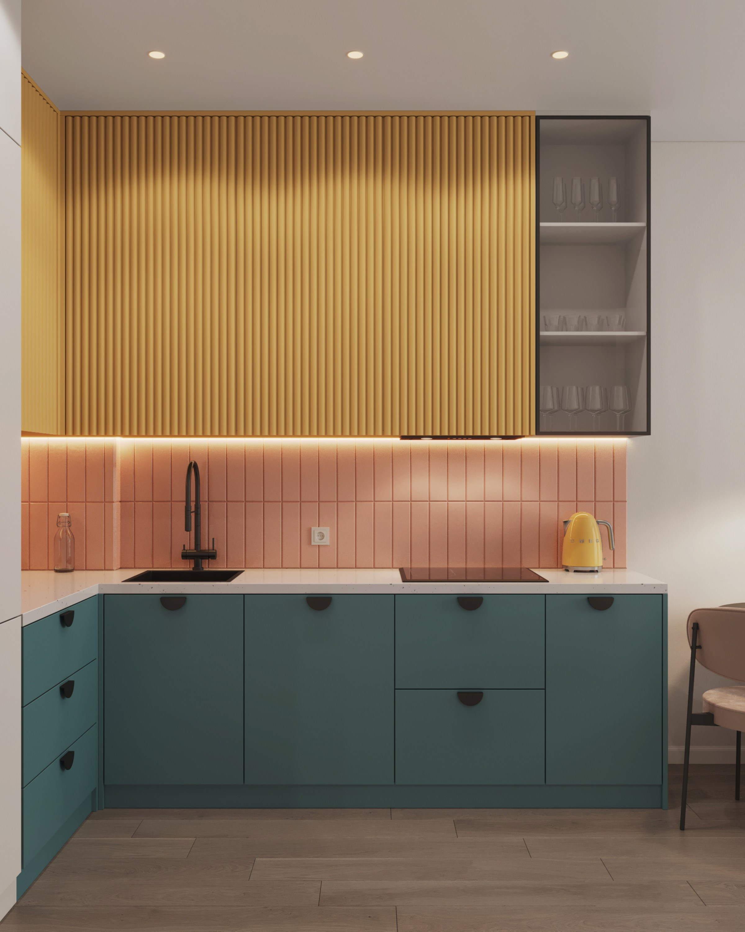 Яркий интерьер кухни-гостиной в ЖК Наследие на Марата 55 м², авторский дизайн Ксения Новикова, ksudsgn, Петербург, цветная кухня