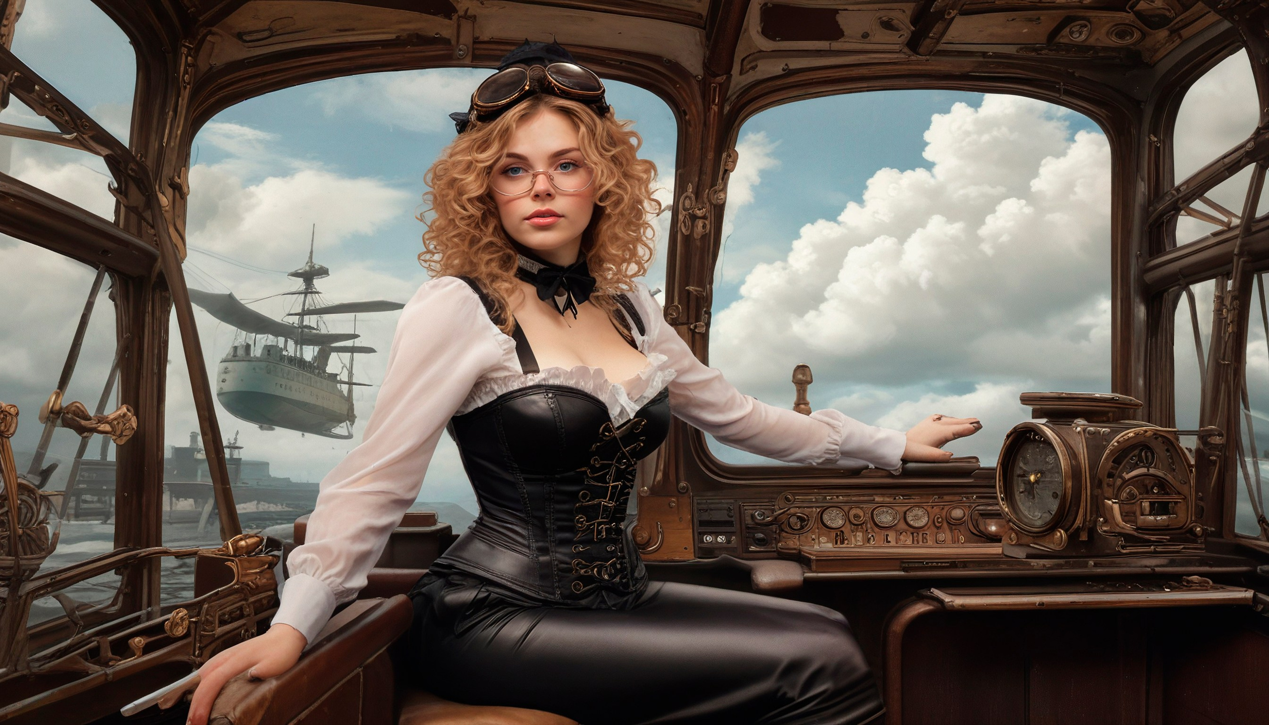 Alice is in Steampunk Country..In the cockpit of a fantastic steam aircraft..