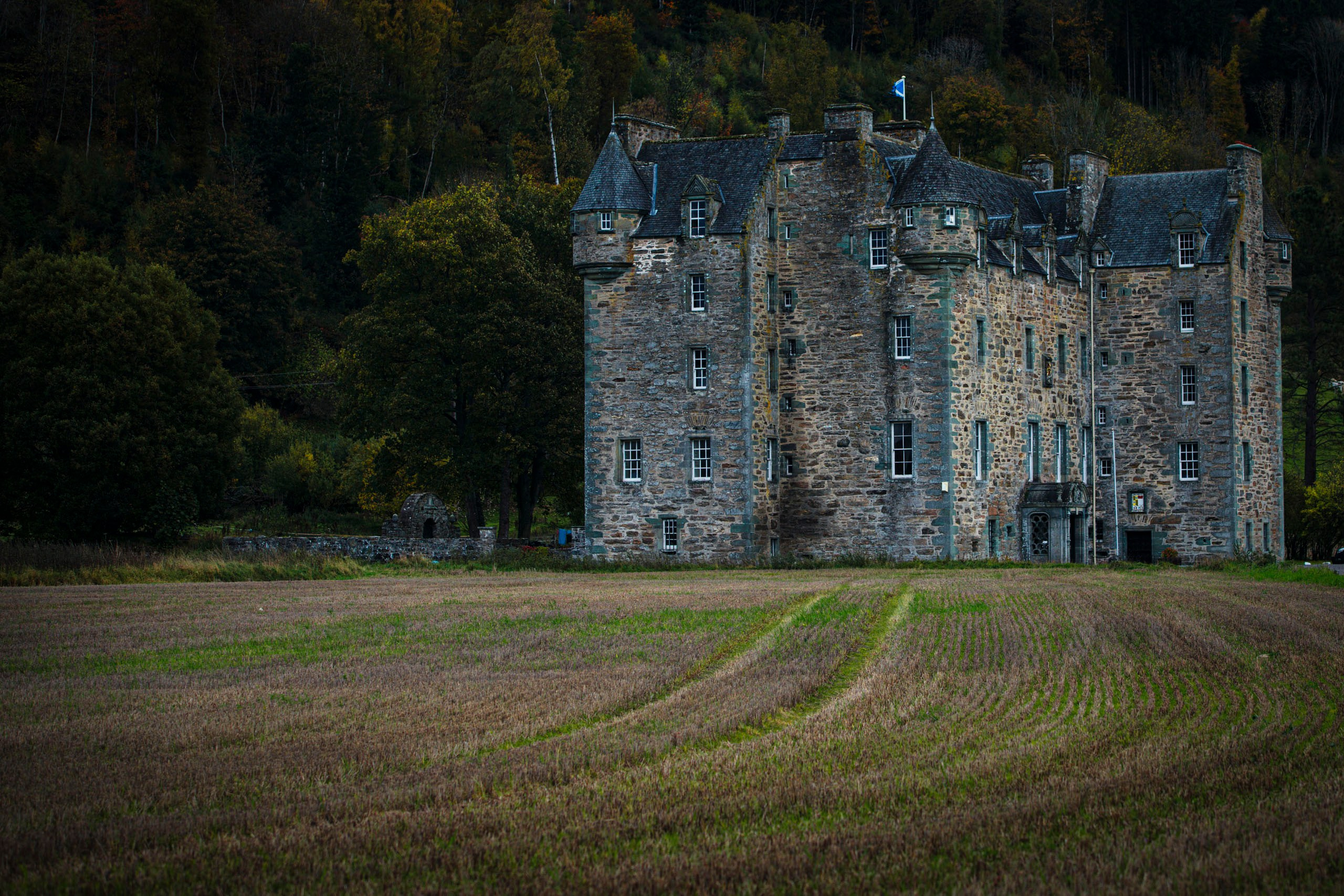 Исторический каменный замок с башнями и синим флагом, стоящий рядом с полем и темным лесистым холмом на заднем плане.