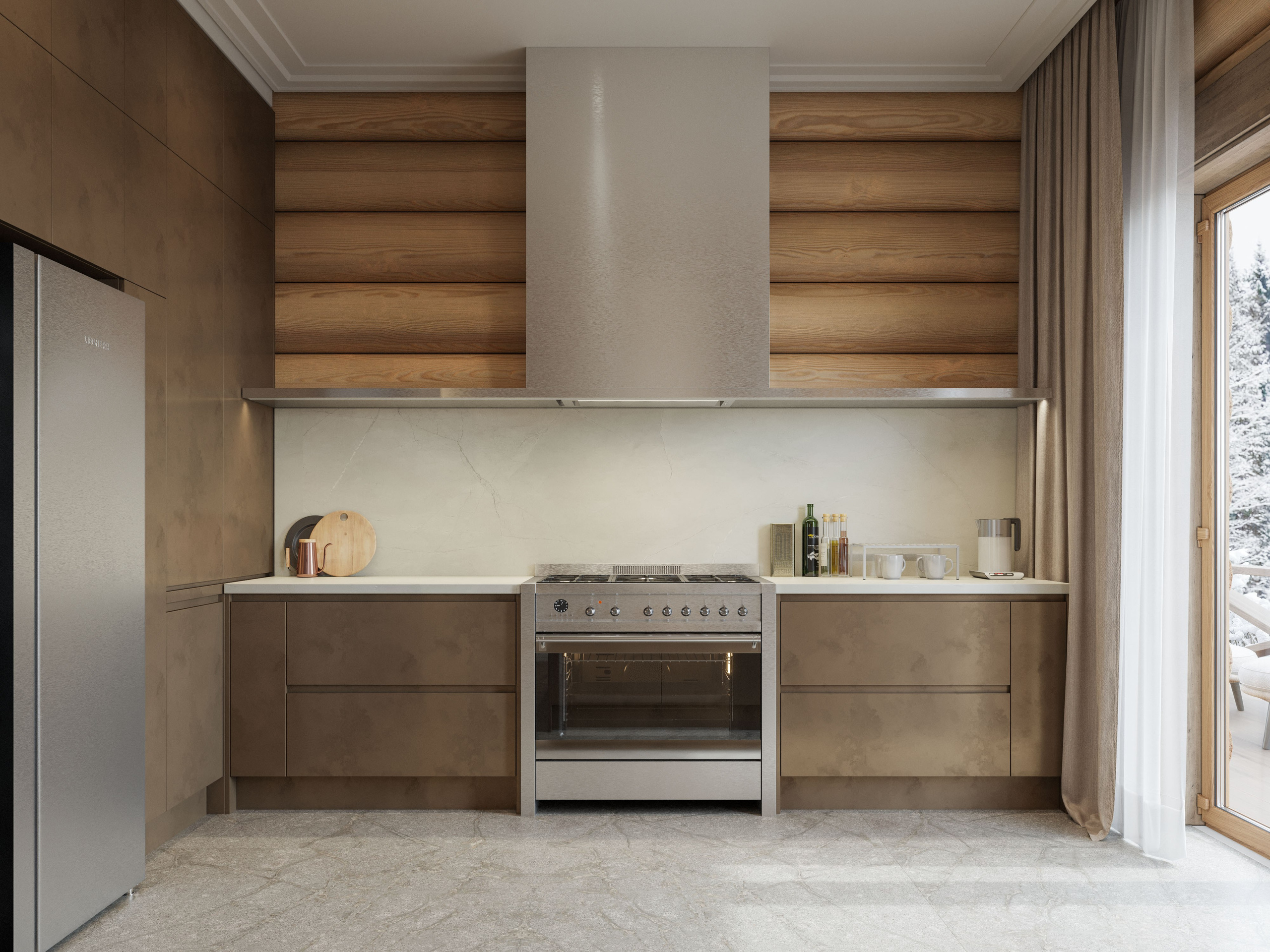 Современная кухня в бревенчатом доме с бронзовыми фасадами и деревянными балками на потолке