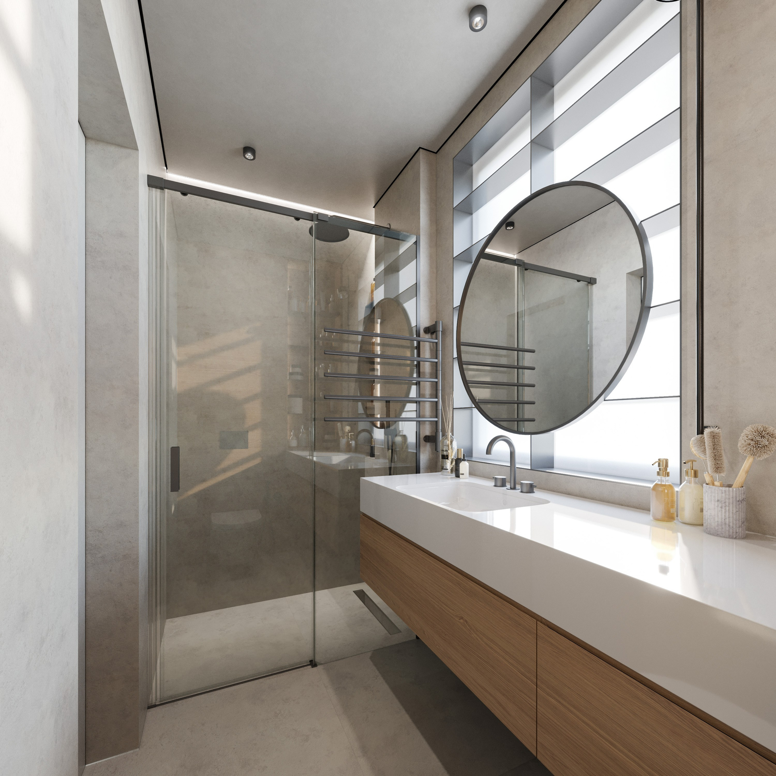 Отделка санузла деревом и бетоном в современном минималистичном стиле