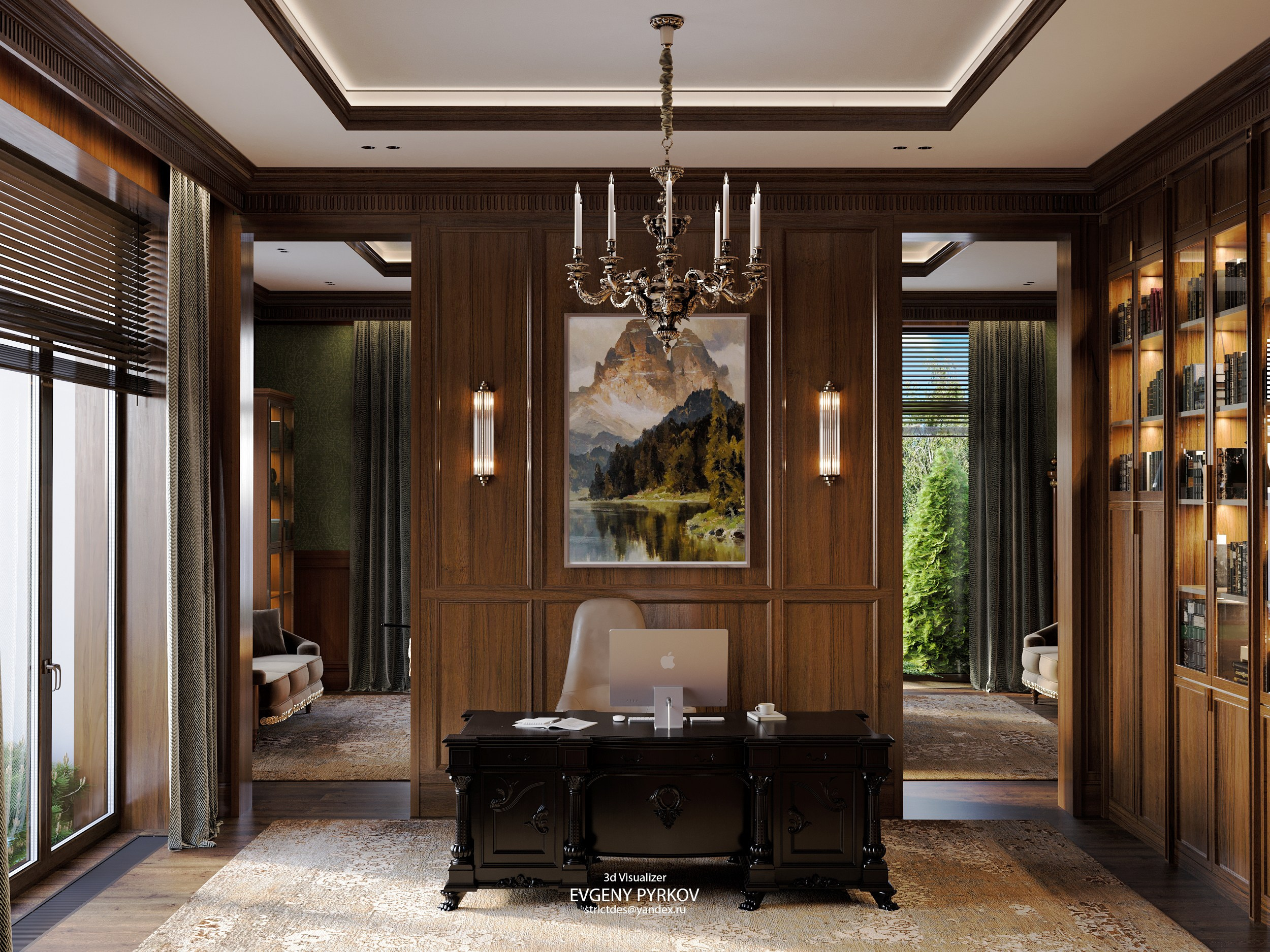 Рабочий кабинет с бильярдом в частном доме. Клиент Абасеева Нина. Евгений Пырков — 3d визуализатор интерьеров и экстерьеров России