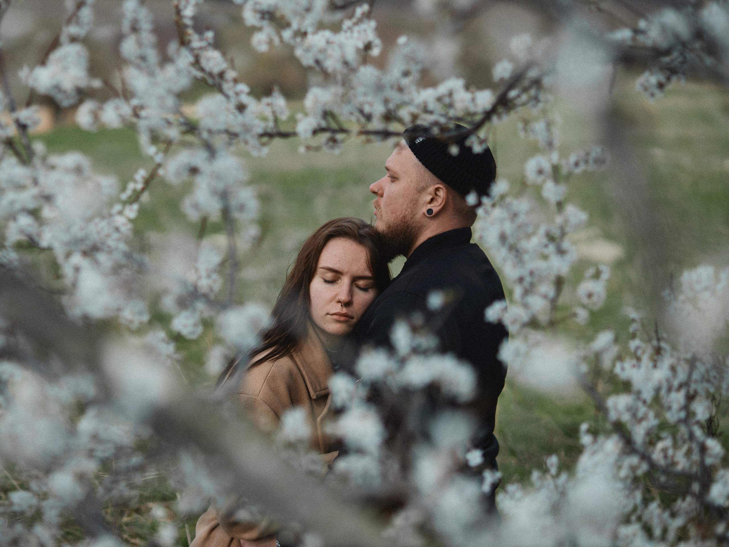 Пара обнимается возле цветущего дерева