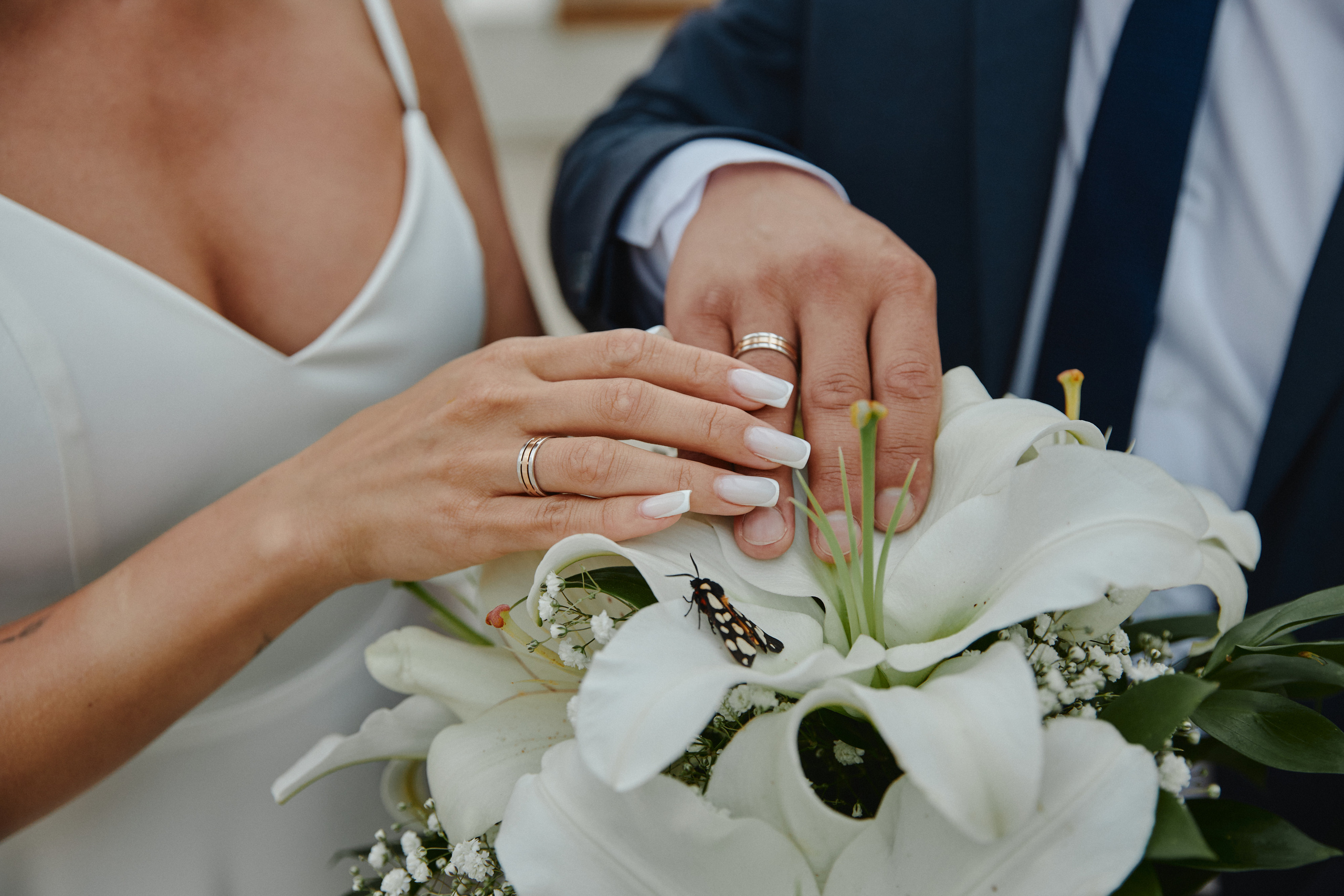 Букет невесты, руки молодоженов с кольцами и бабочка