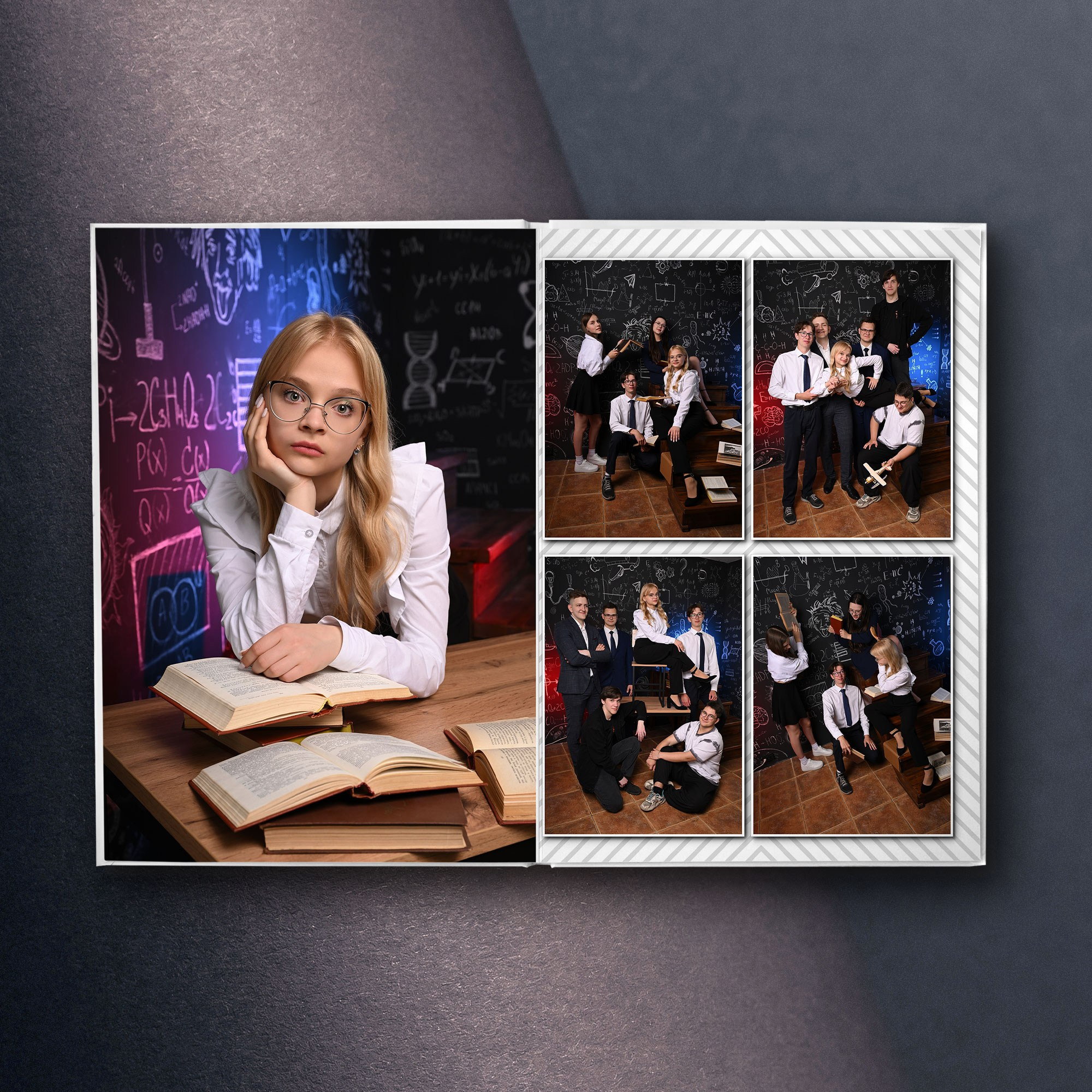 портрет выпускника в студии с цветным светом и реквизитом бесплатно