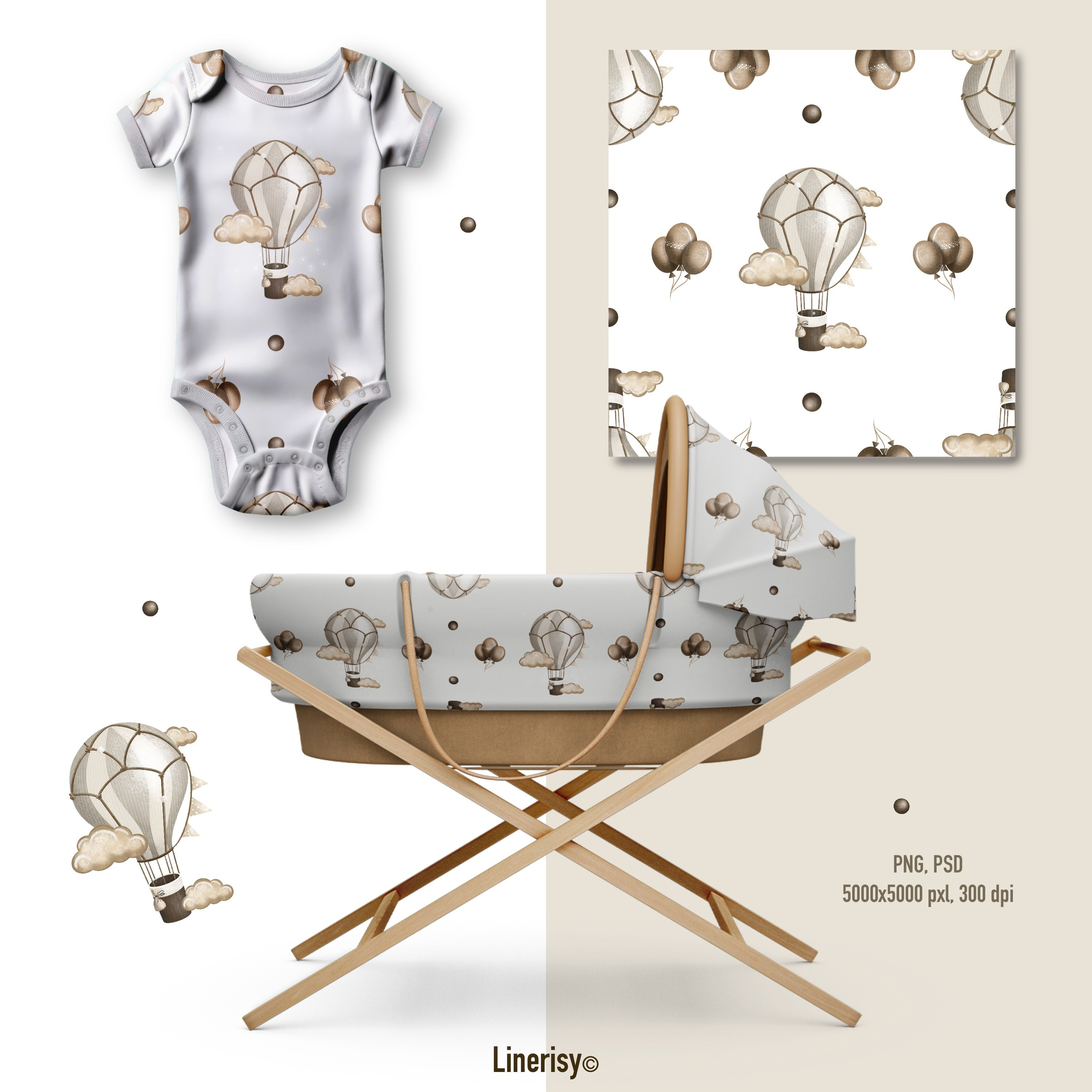 Набор бесшовных паттернов «Зайка на воздушном шаре». Художник-иллюстратор Евгения Бекренёва