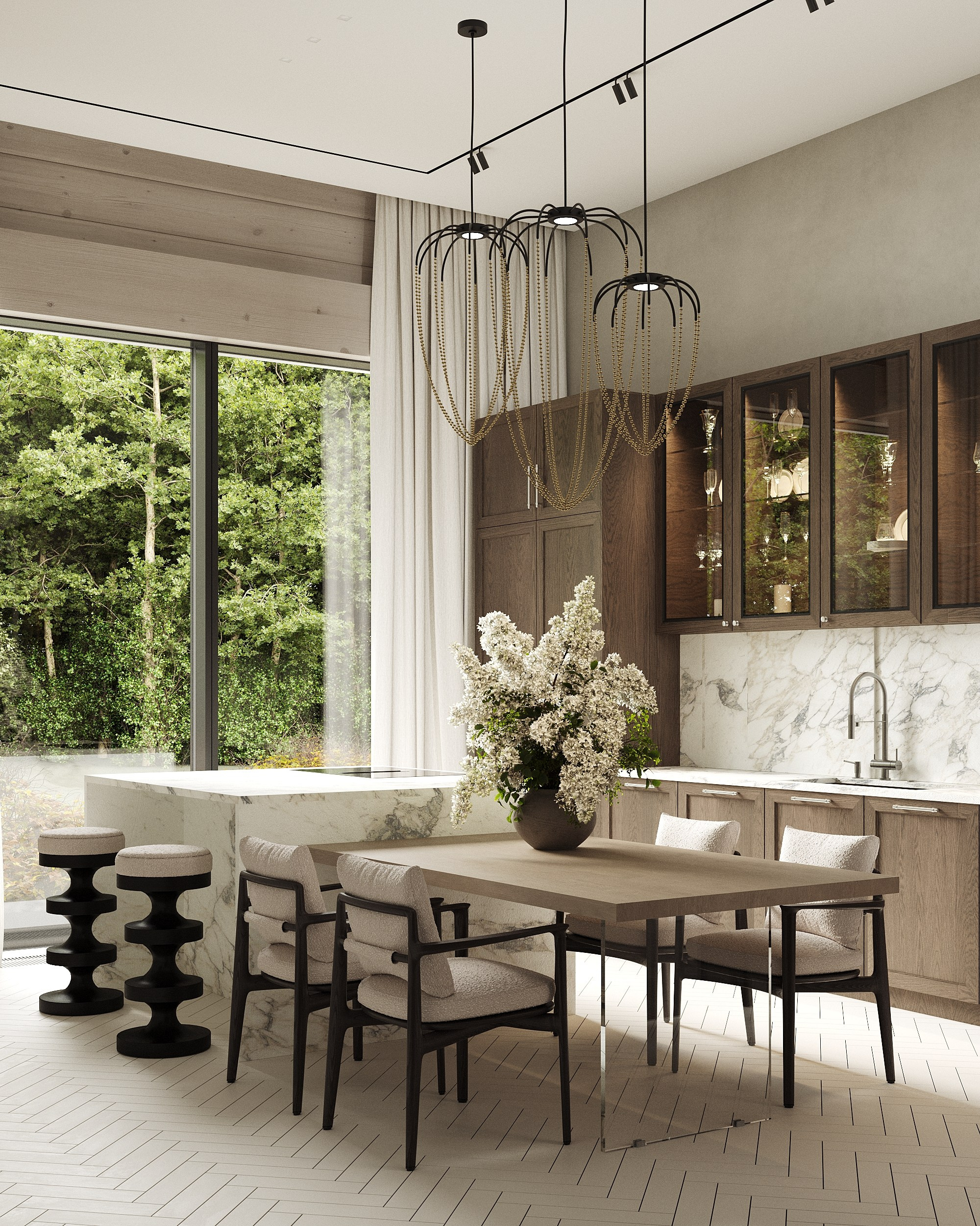 Светлая, уютная, стильная кухня в доме из бруса.