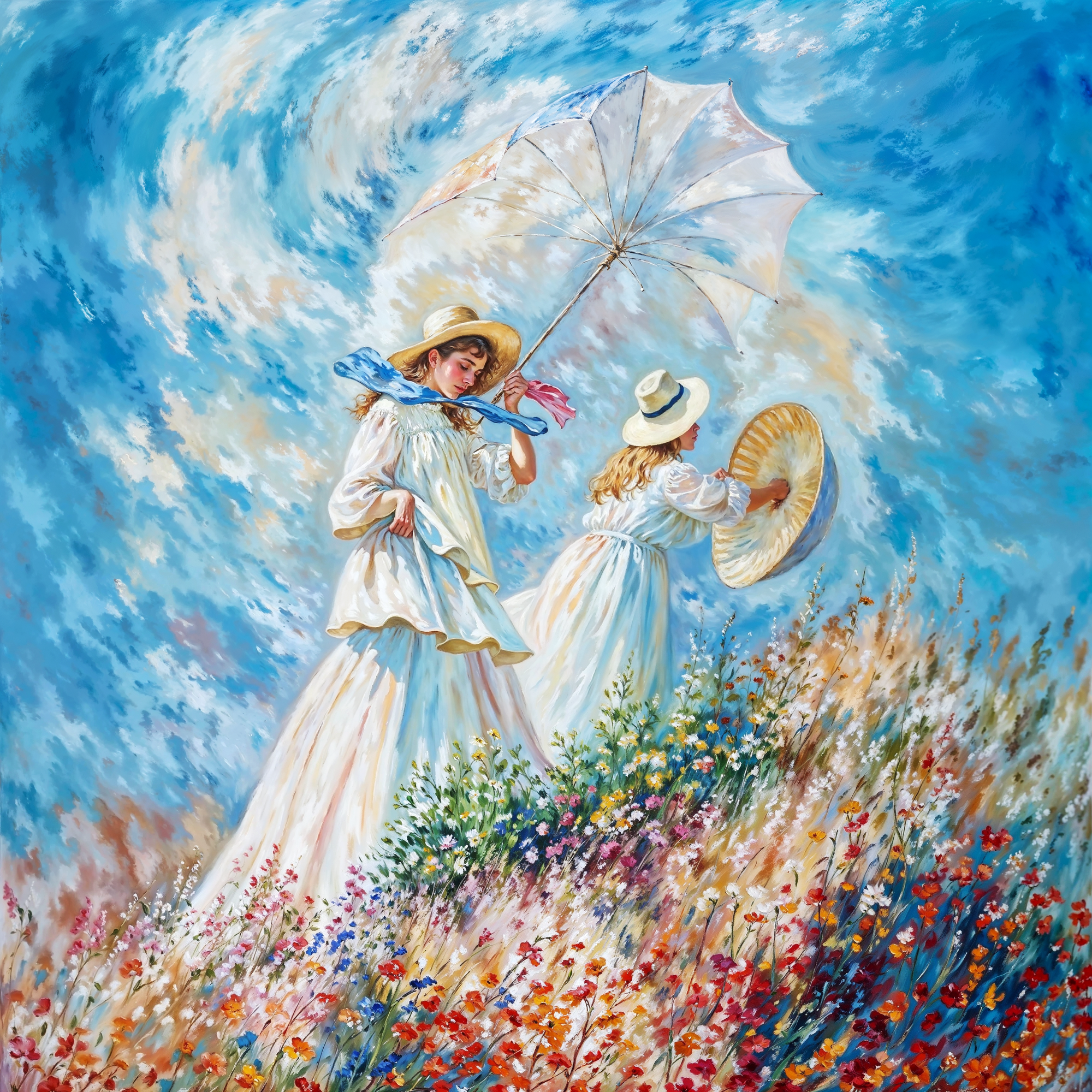 Девушки в белом среди цветочного поля, вихрь неба образует женское лицо — сюрреалистическая оптическая иллюзия в стиле Олега Шупляка.