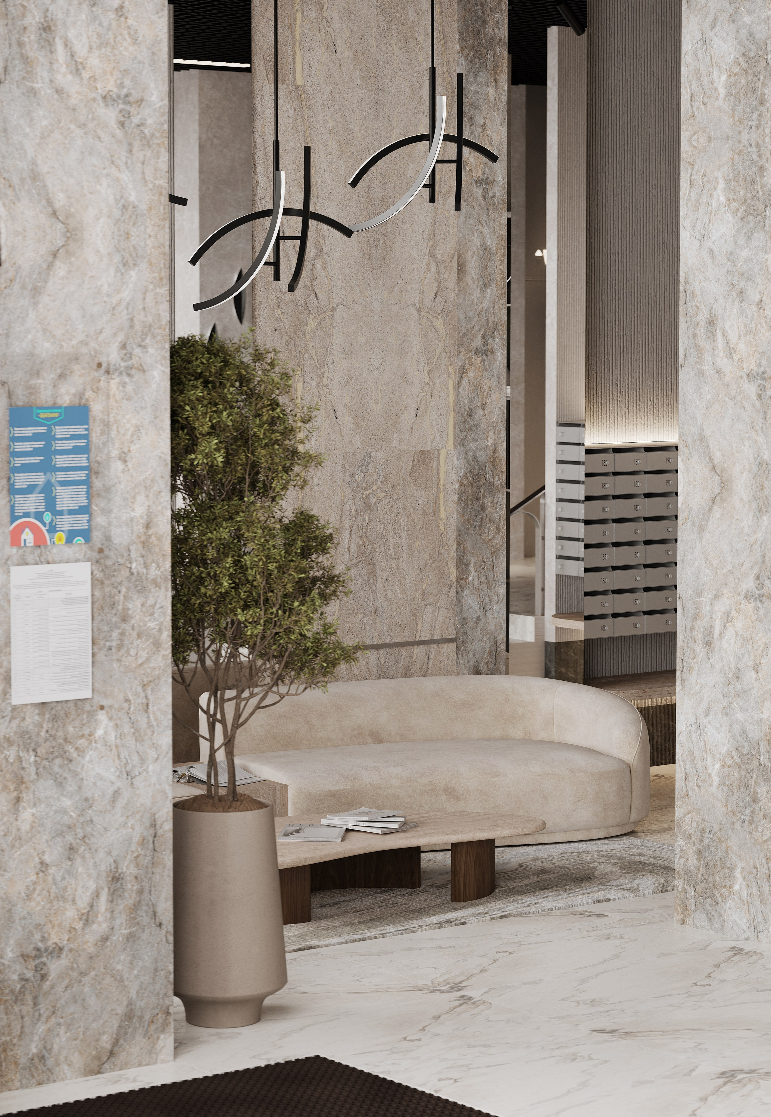 Визуализации Холла. Клубный дом «Отражение». Дизайнер Елена Дрожжина. 3d визуализатор интерьеров