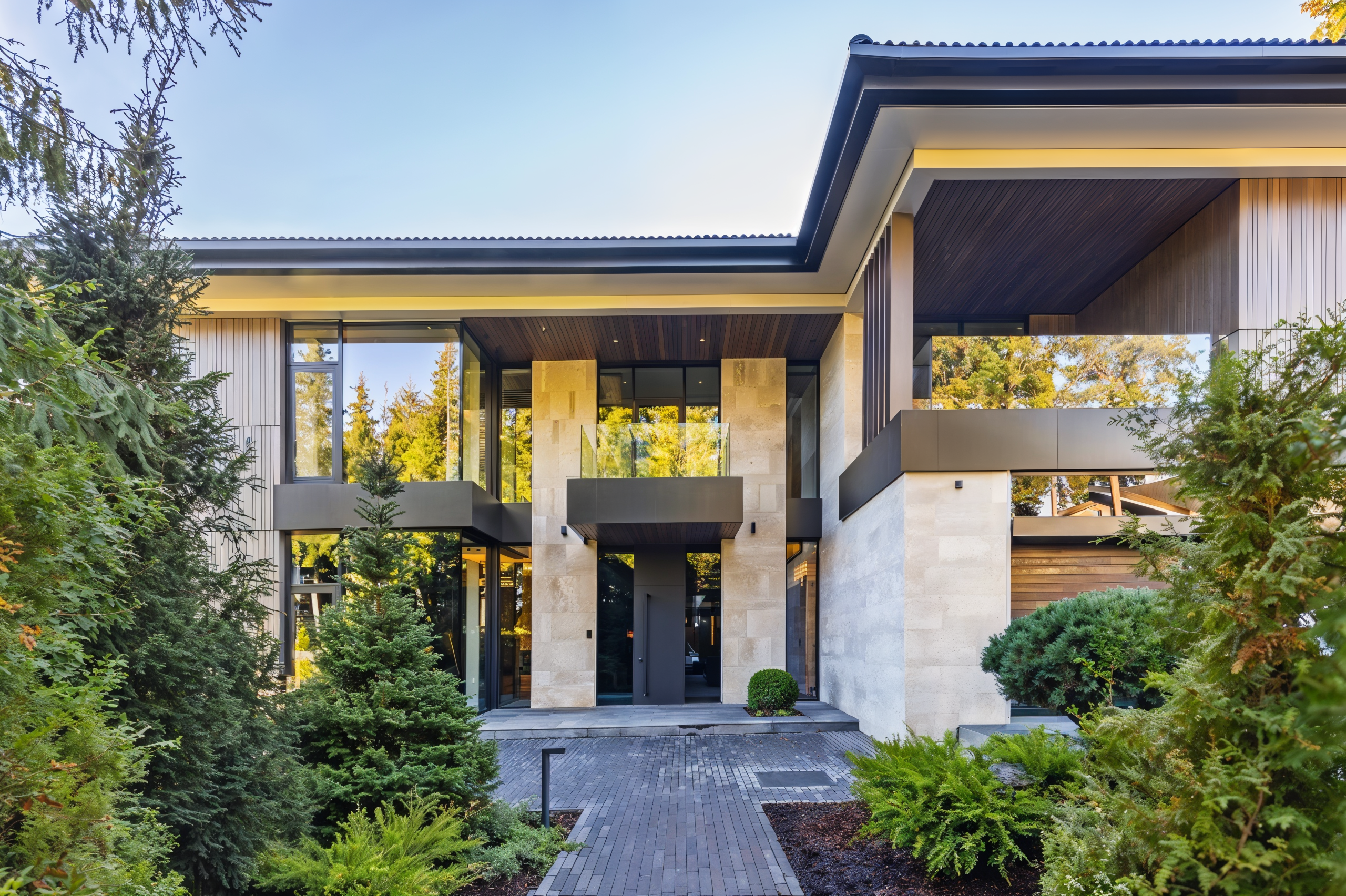 Фасад современной резиденции 1240 м² в Подмосковье: натуральный камень, панорамное остекление и ландшафтный дизайн, проект дизайнера Валерии Котович.