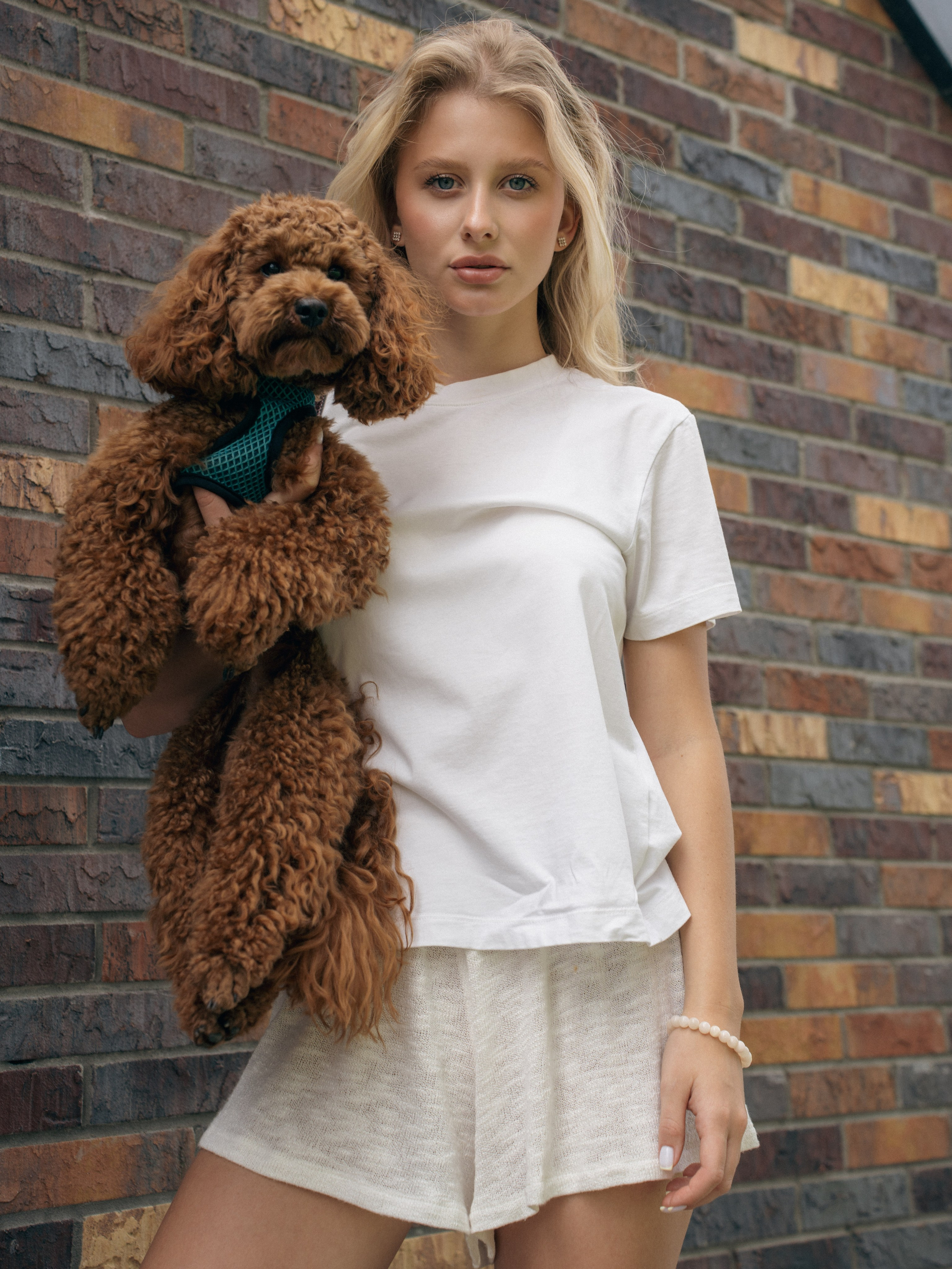 Fashion street-съёмка девушки с маленькой собакой в городе