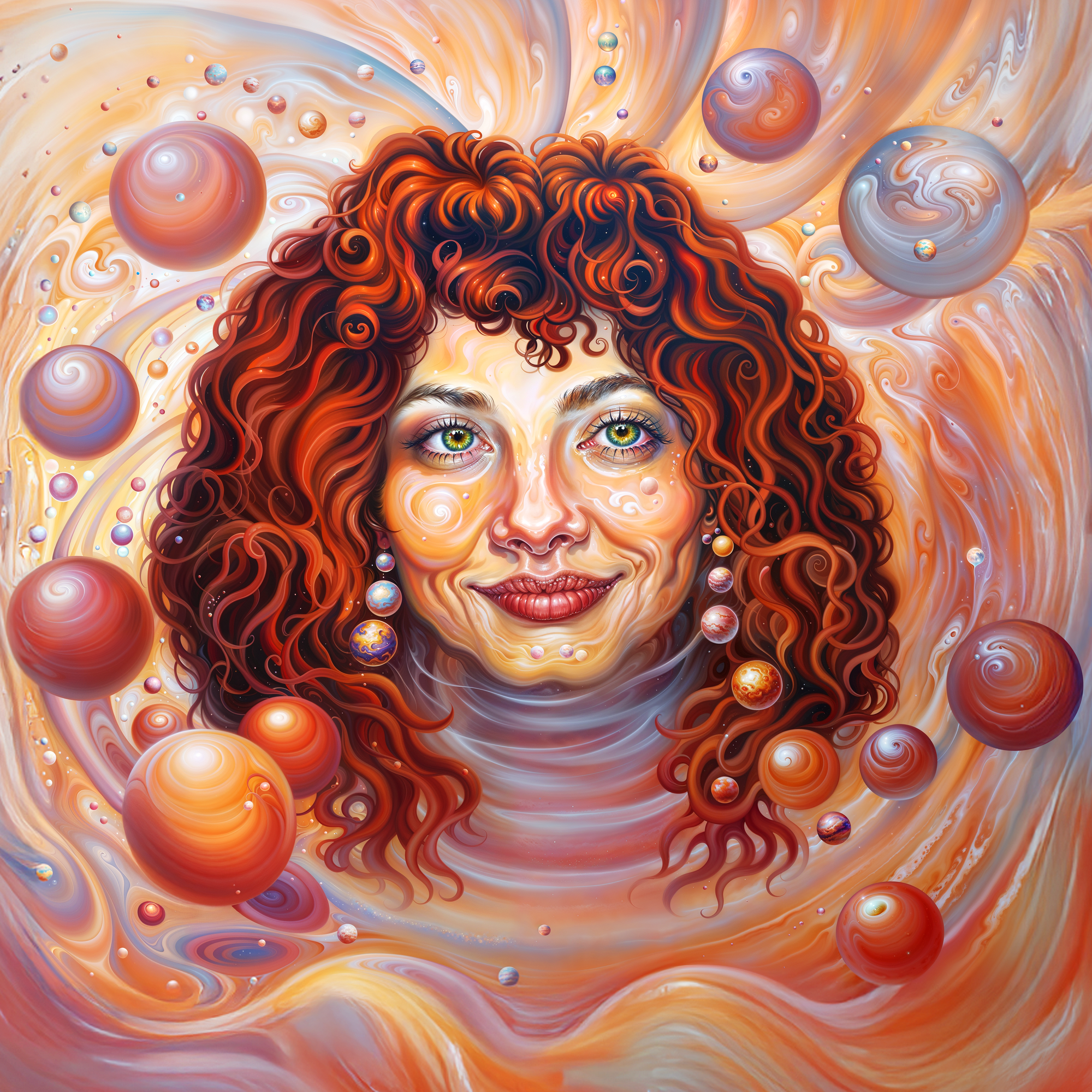 Портрет женщины с рыжими кудрями в окружении планет и спиральных потоков, стилизованный в духе космической фантазии
