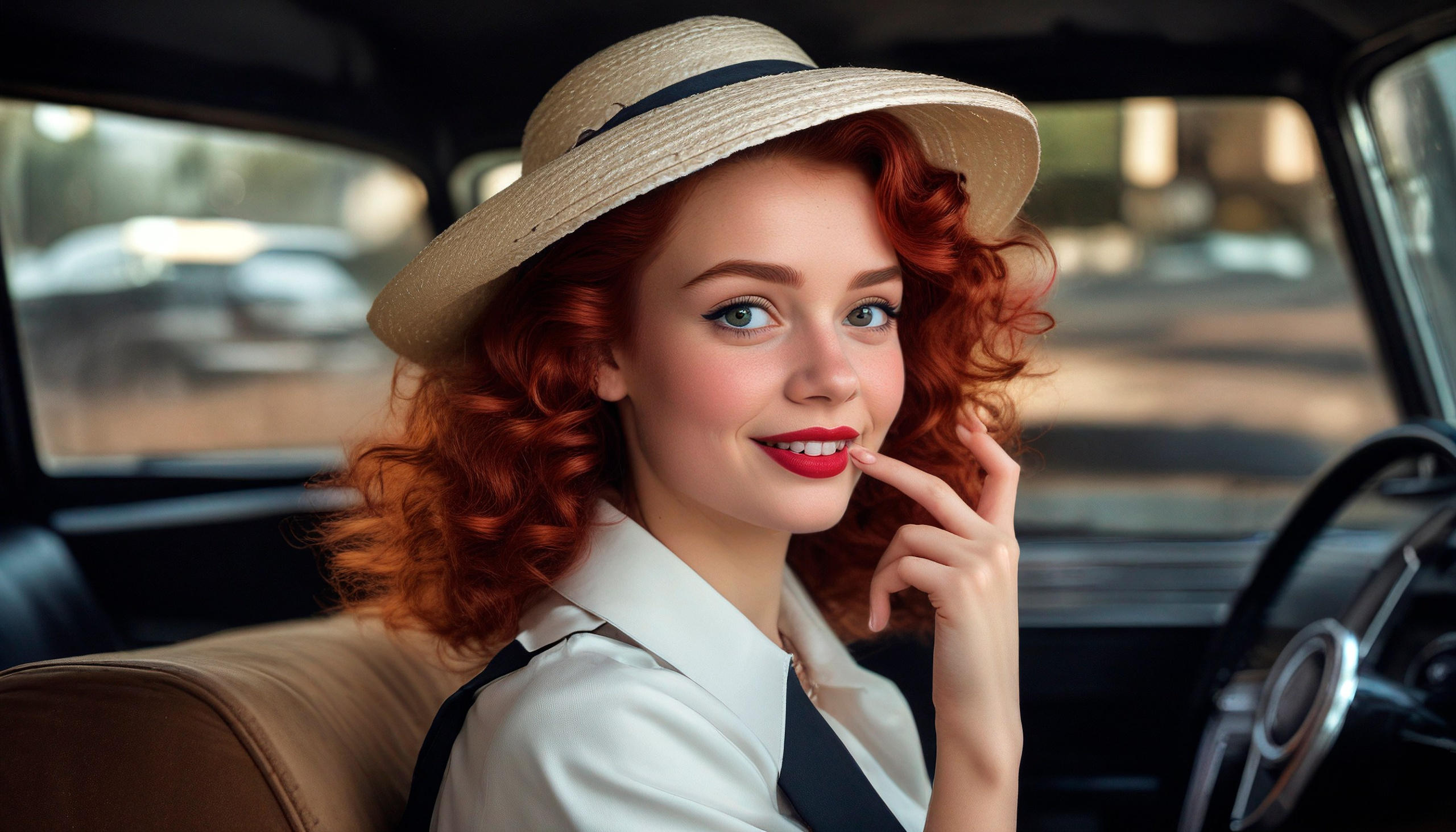 A red-haired girl driving a car, America of the 50s...