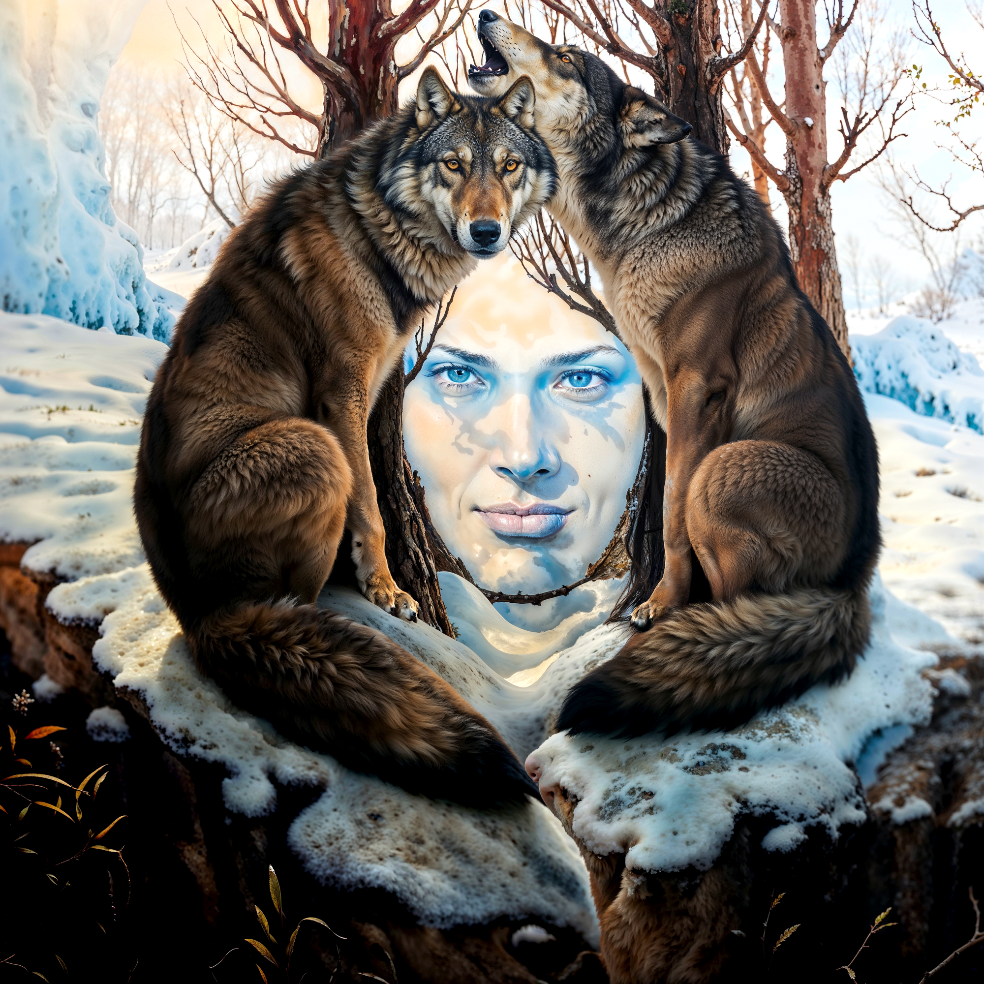 Зимняя сцена с волками, формирующими лицо женщины в оптической иллюзии