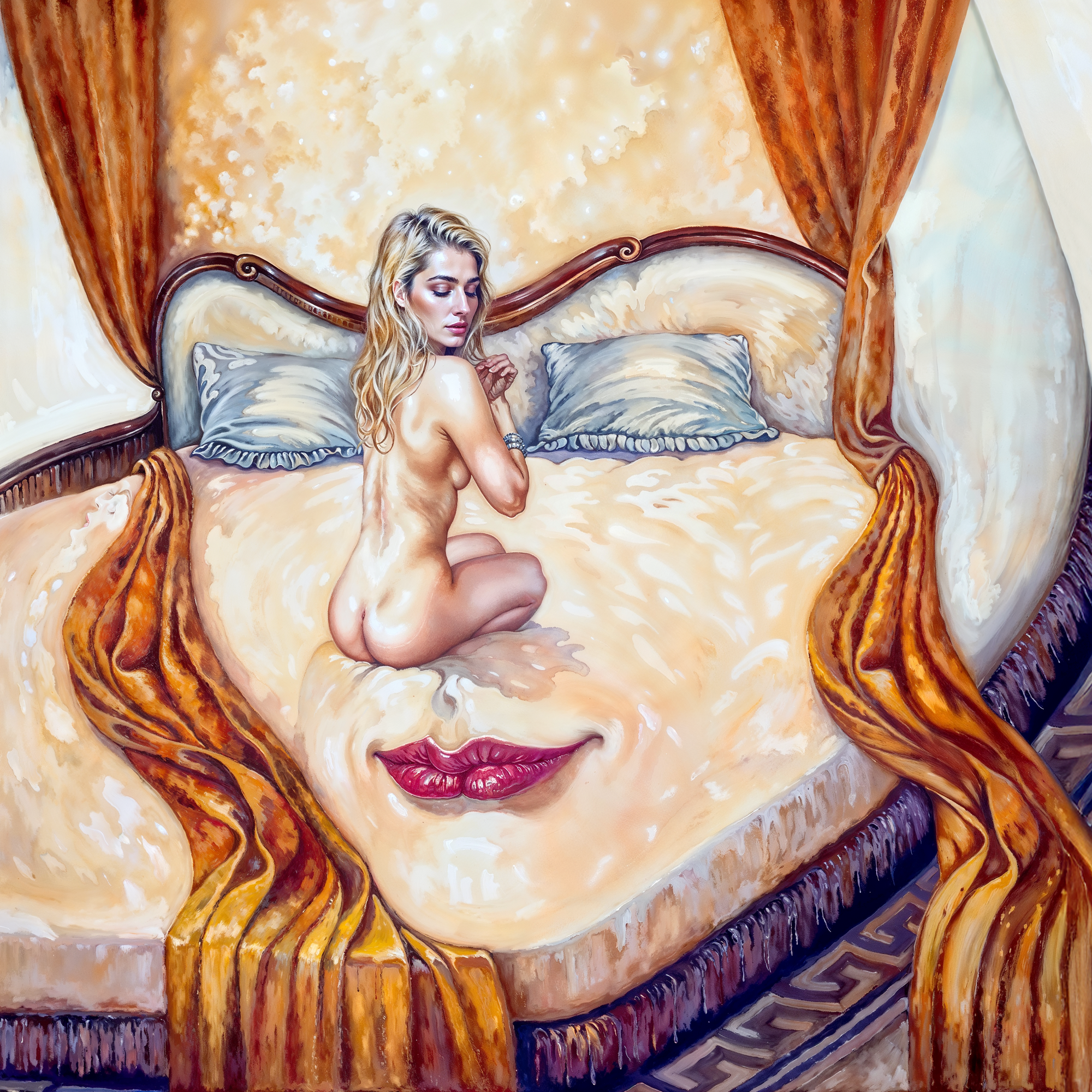 Сюрреалистическая обнаженная женщина на кровати, создающая оптическую иллюзию женского лица, адаптация картины Артуша Восканяна от Olegorizm