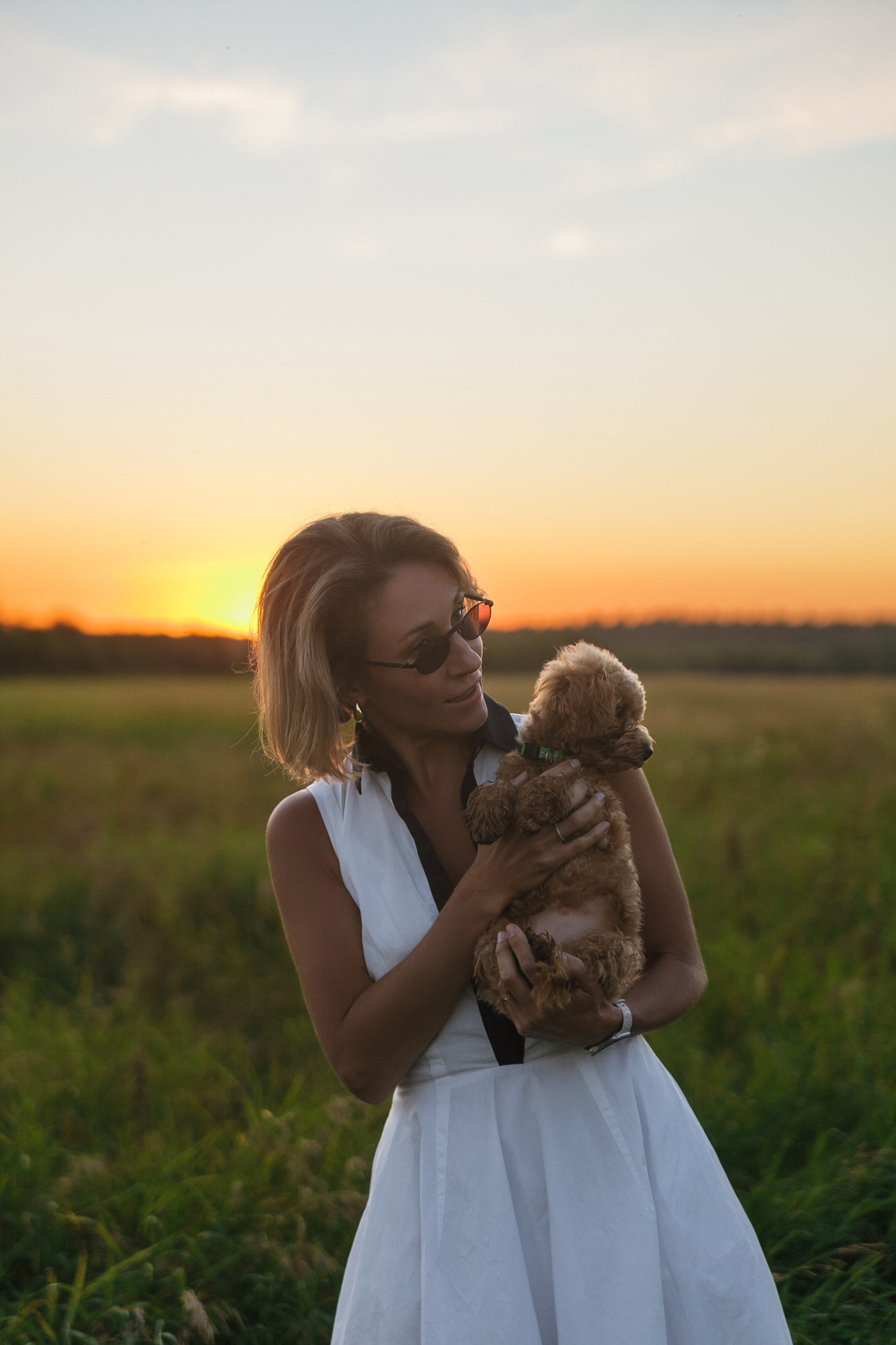 Девушка, закат, собака. Семейный фотограф, свадебный фотограф, женский портрет в Санкт-Петербу