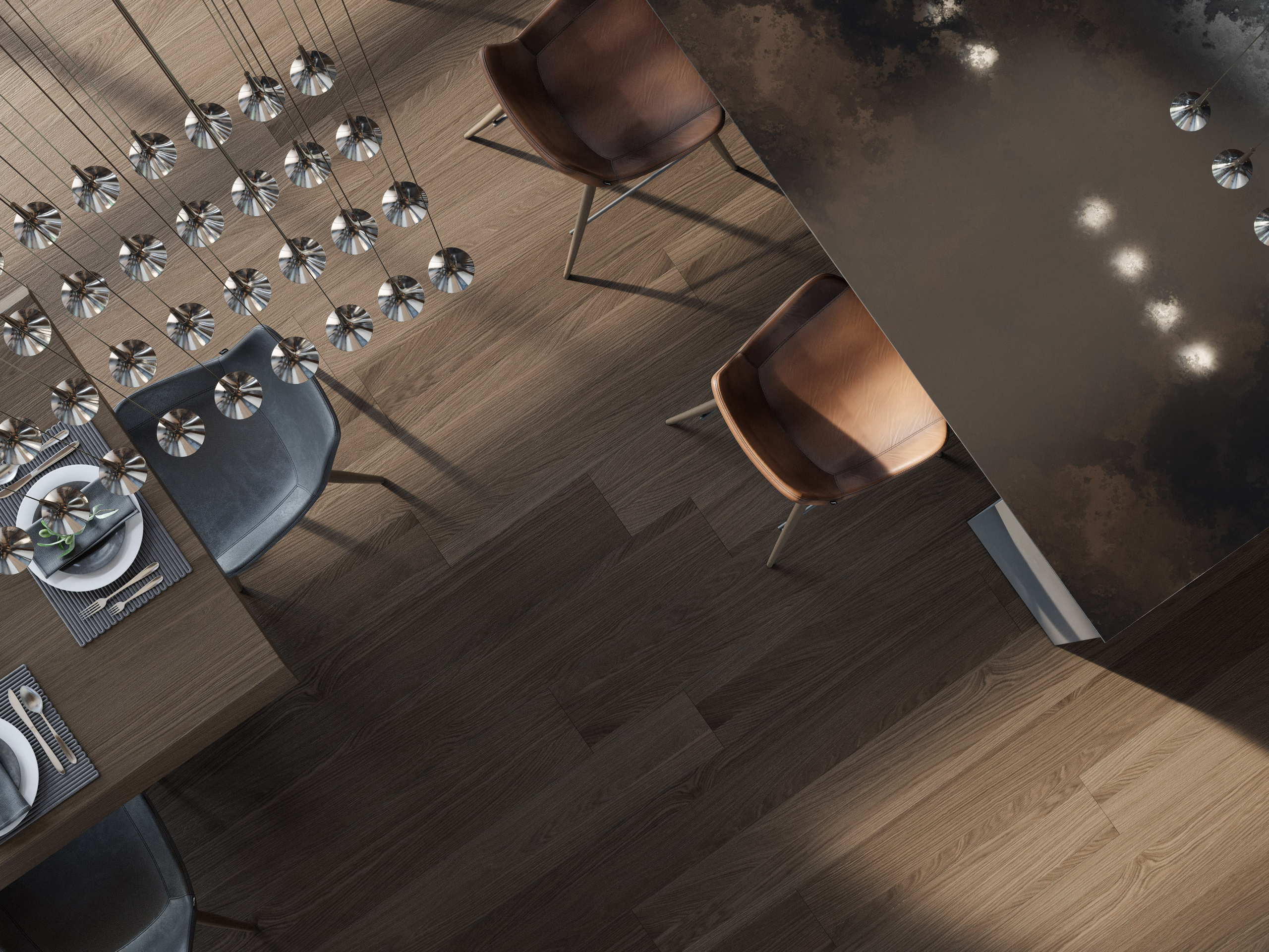 Металлическая столешница и деревянный стол на визуализациях кухни-столовой