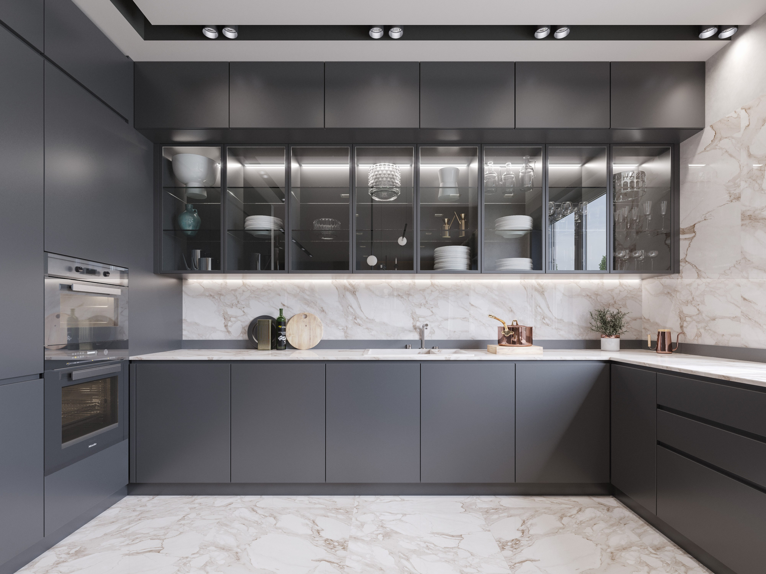 3D визуализация кухни с стеклянными верхними фасадами и мраморным фартуком