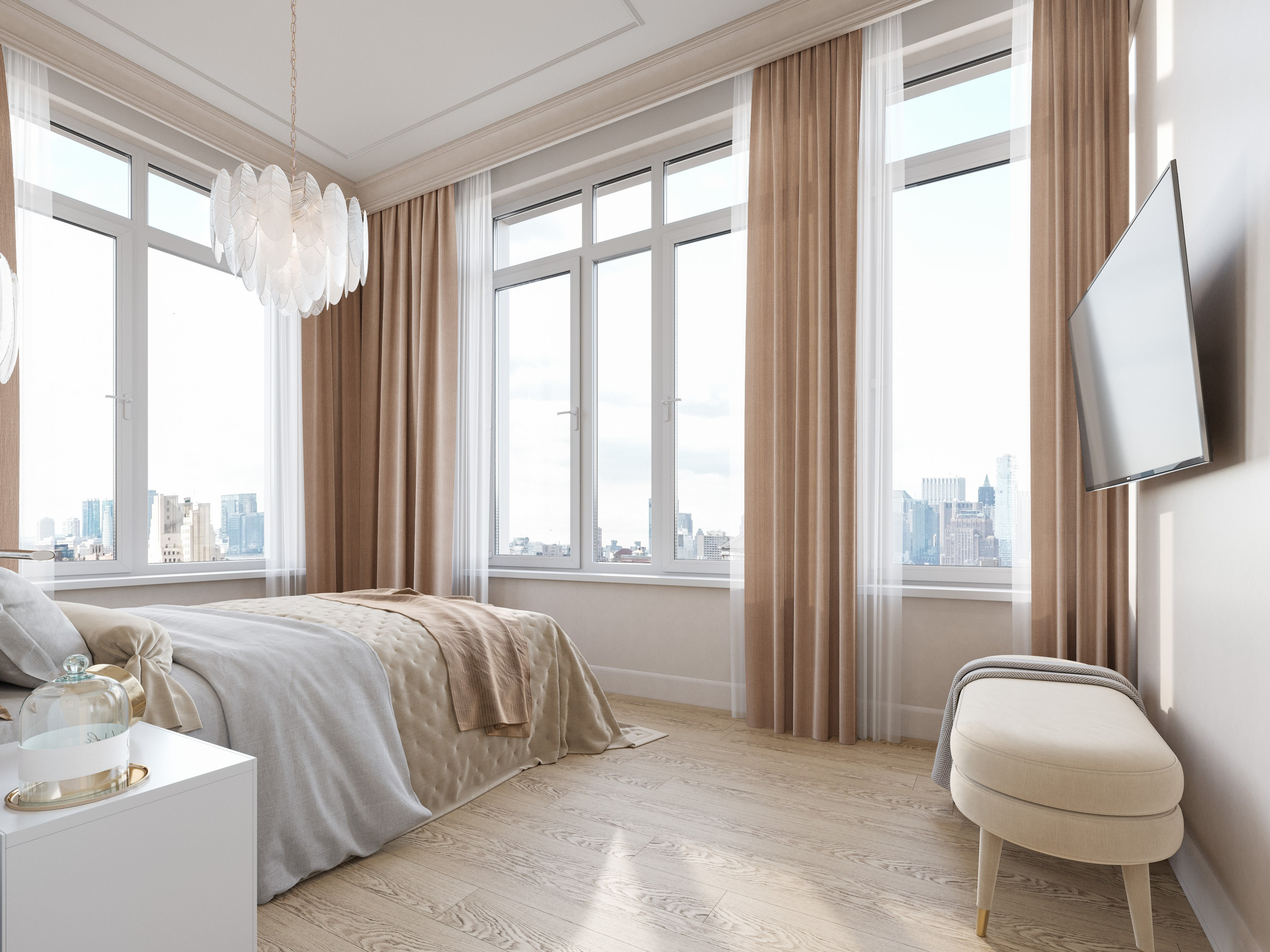 Интерьер спальни в неоклассическом стиле: пастельная палитра, шелковистый текстиль и много света