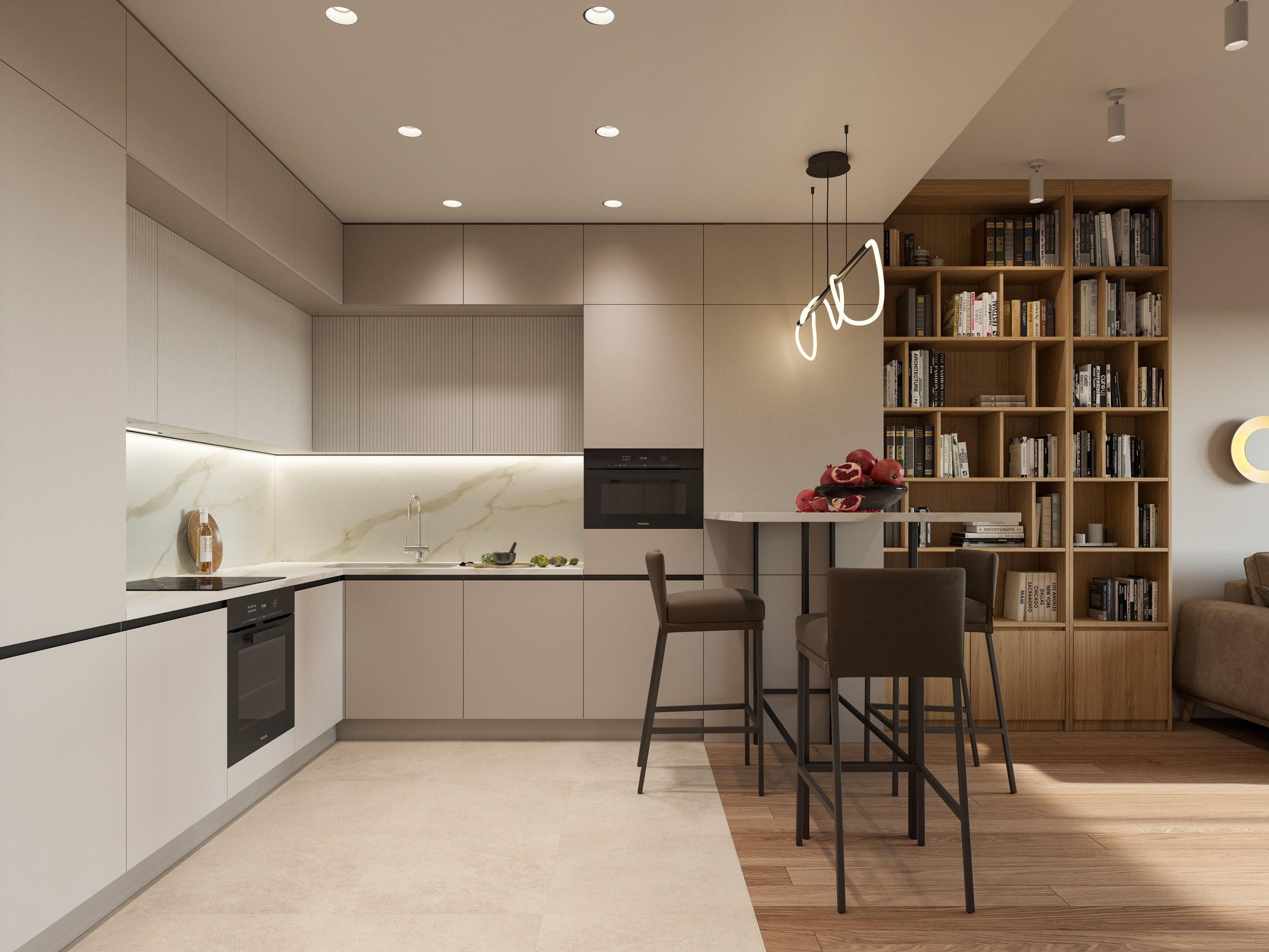 Кухня-гостиная с островом и барными стульями в квартире для молодой девушки