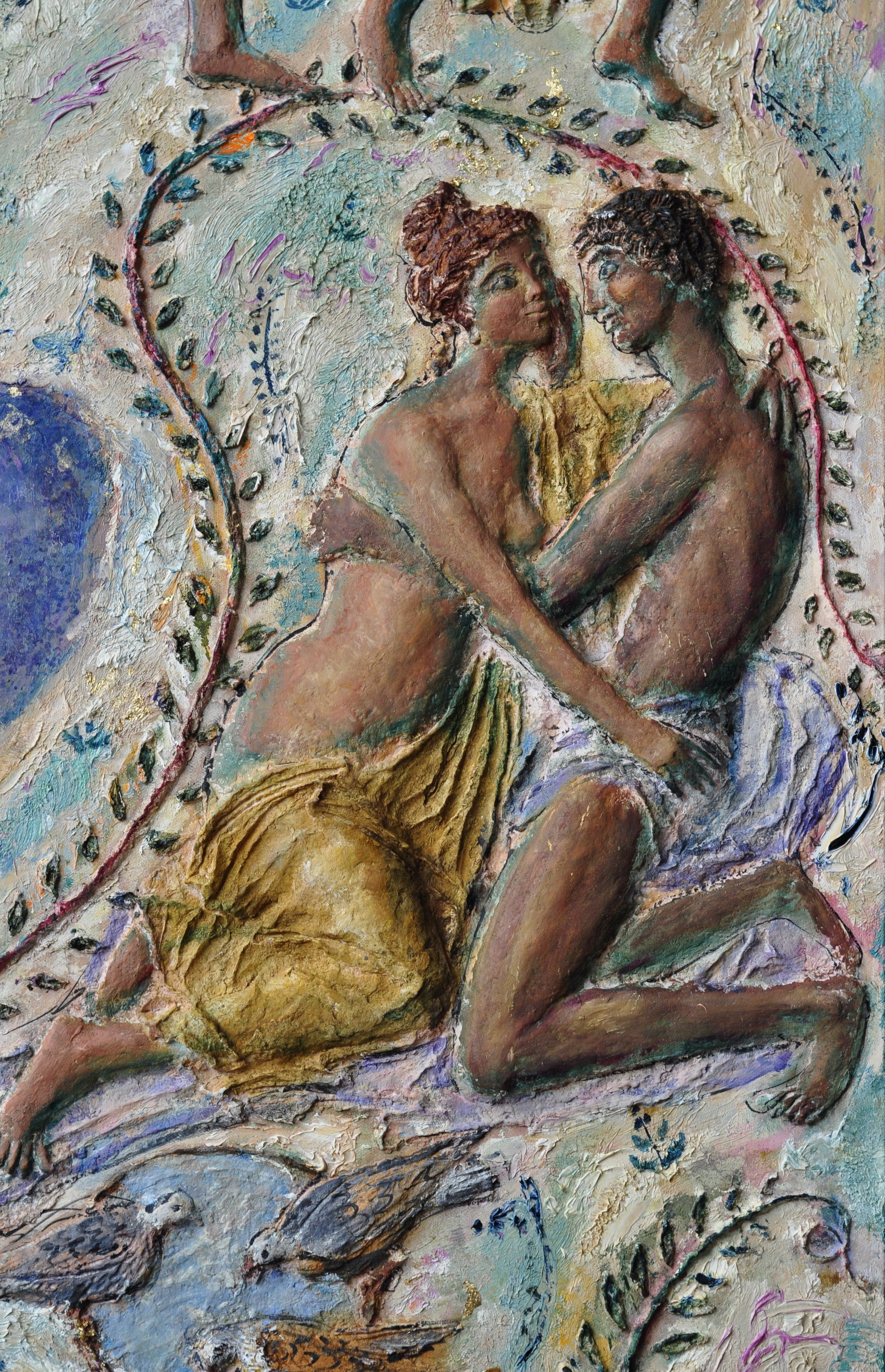 "Источник", фрагмент, холст, рельеф из целлюлозной массы, масло, 2026