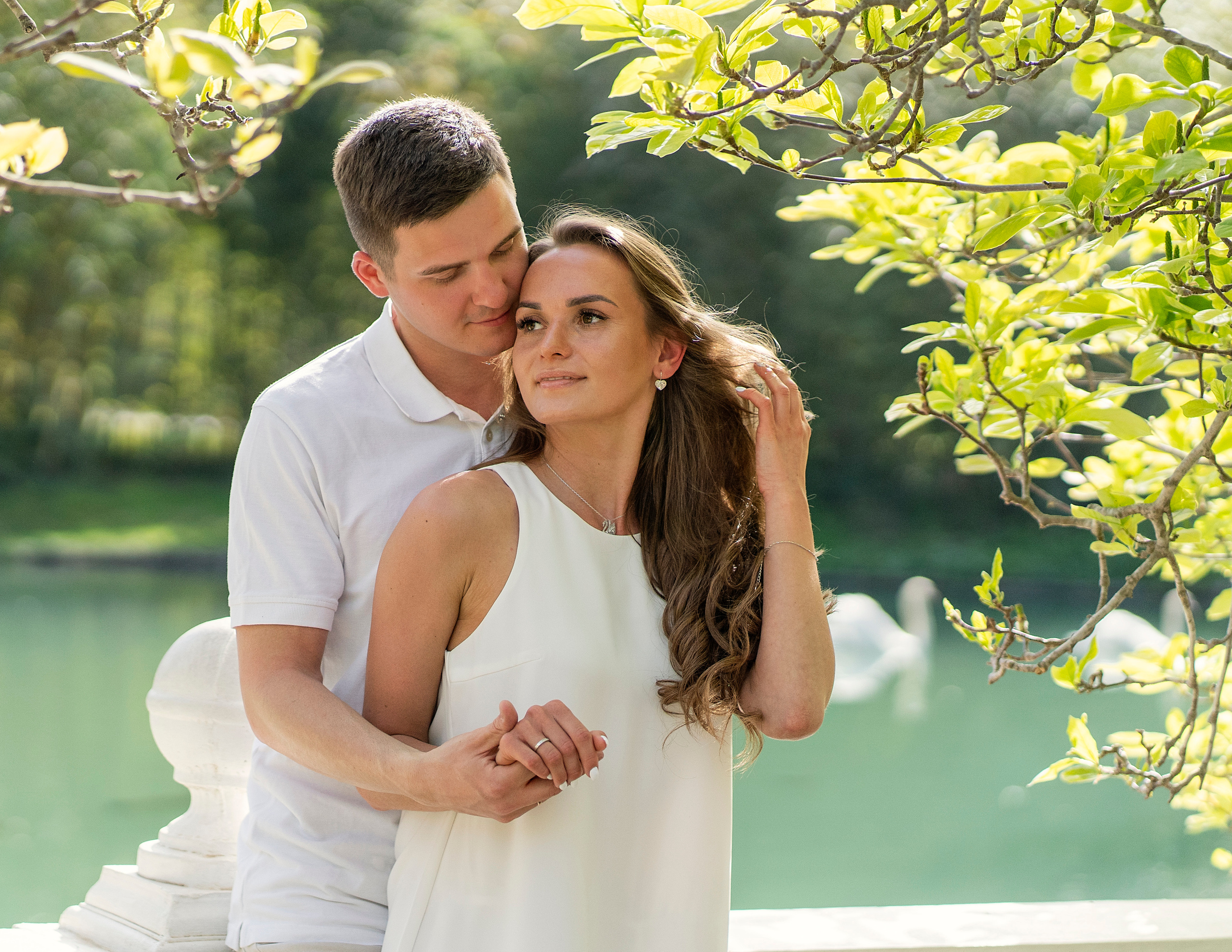 Двое обнимаются на берегу пруда. Вдалеке плавают лебеди.