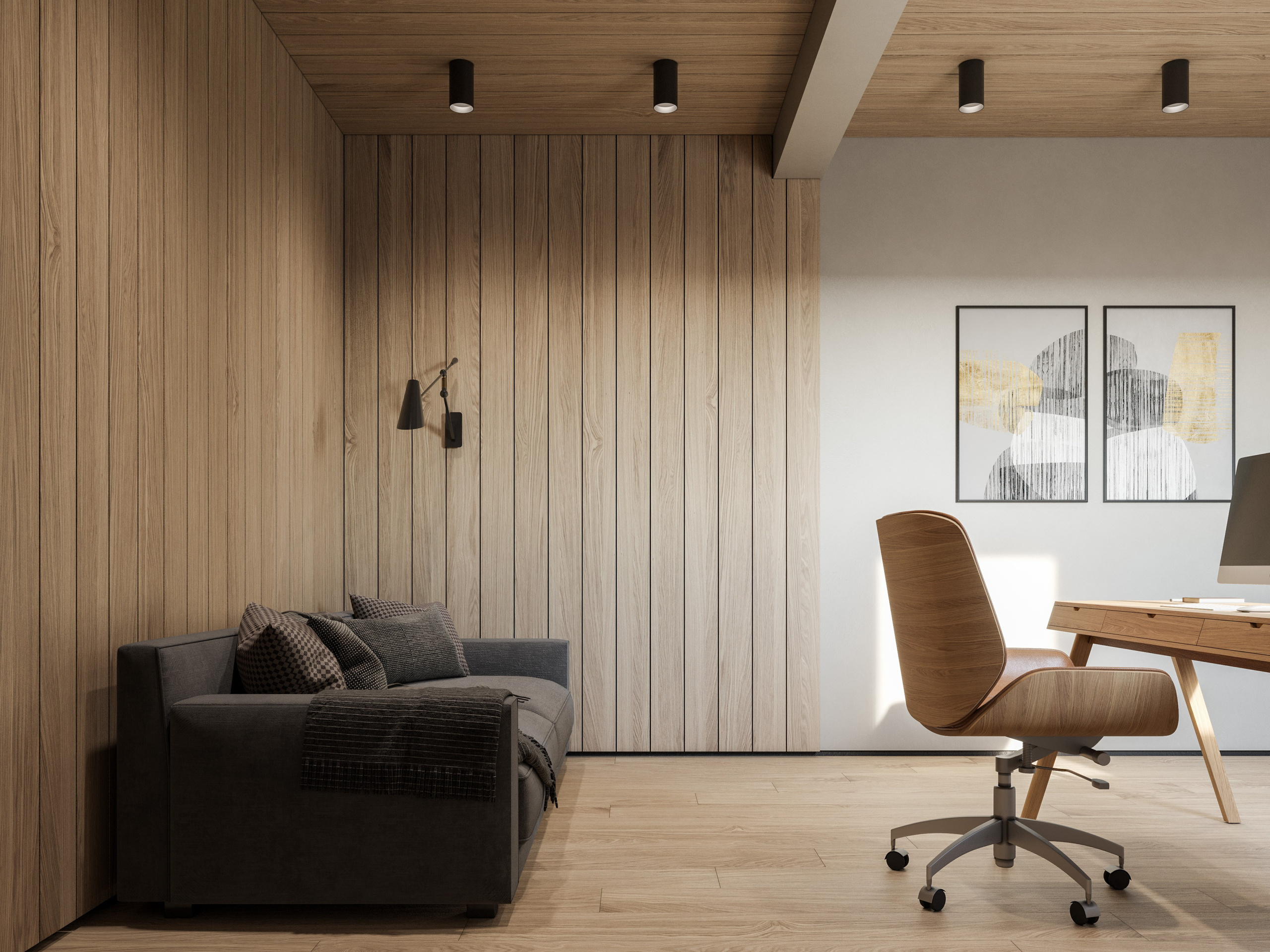 Минималистичный рабочий уголок с деревом и нейтральной цветовой гаммой