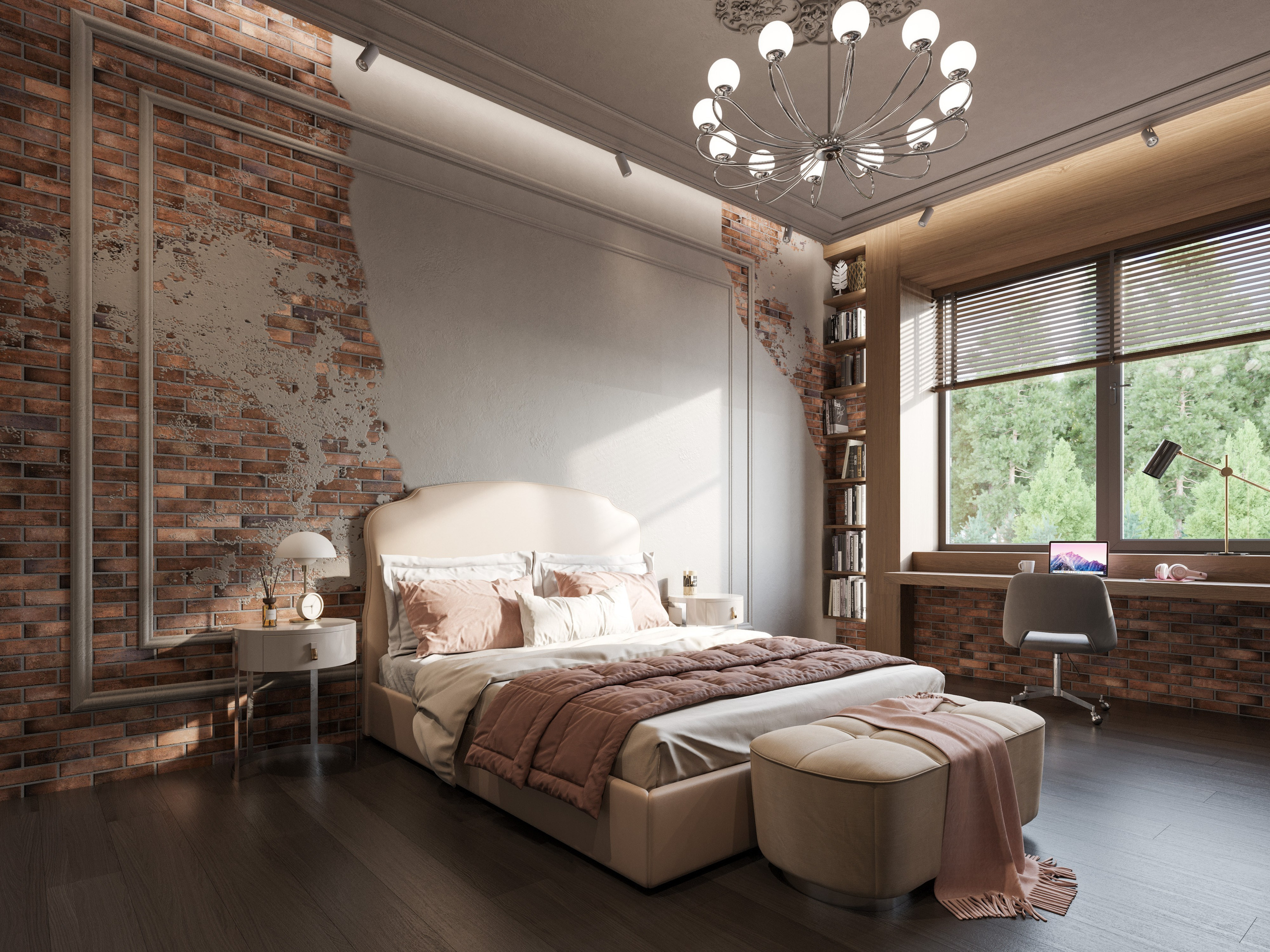 Визуализация спальни с классической кроватью на фоне облупившейся штукатурки от кирпичной стены