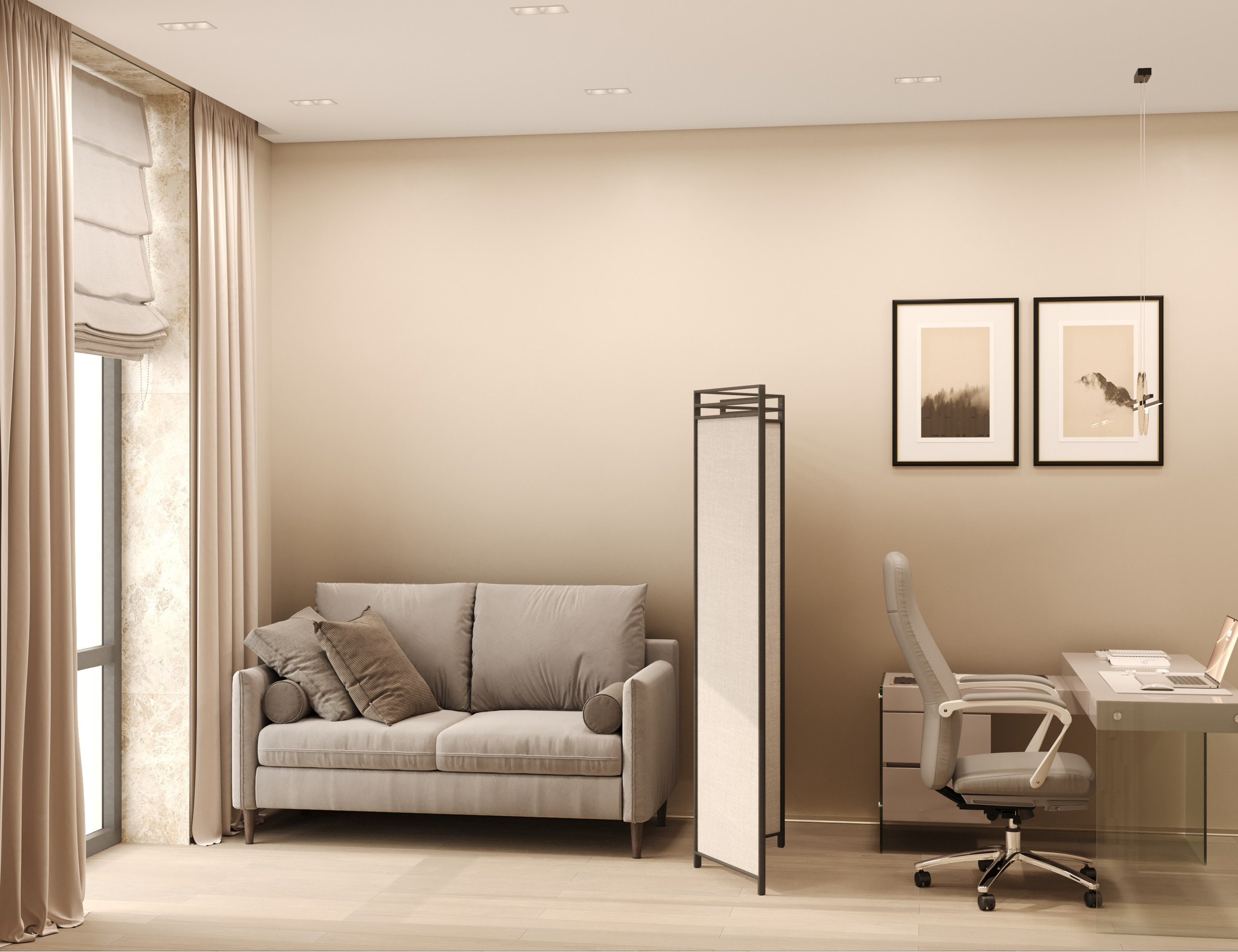 Зона отдыха в маленьком офисе с мягким светло-серым диваном и перегородкой-ширмой.