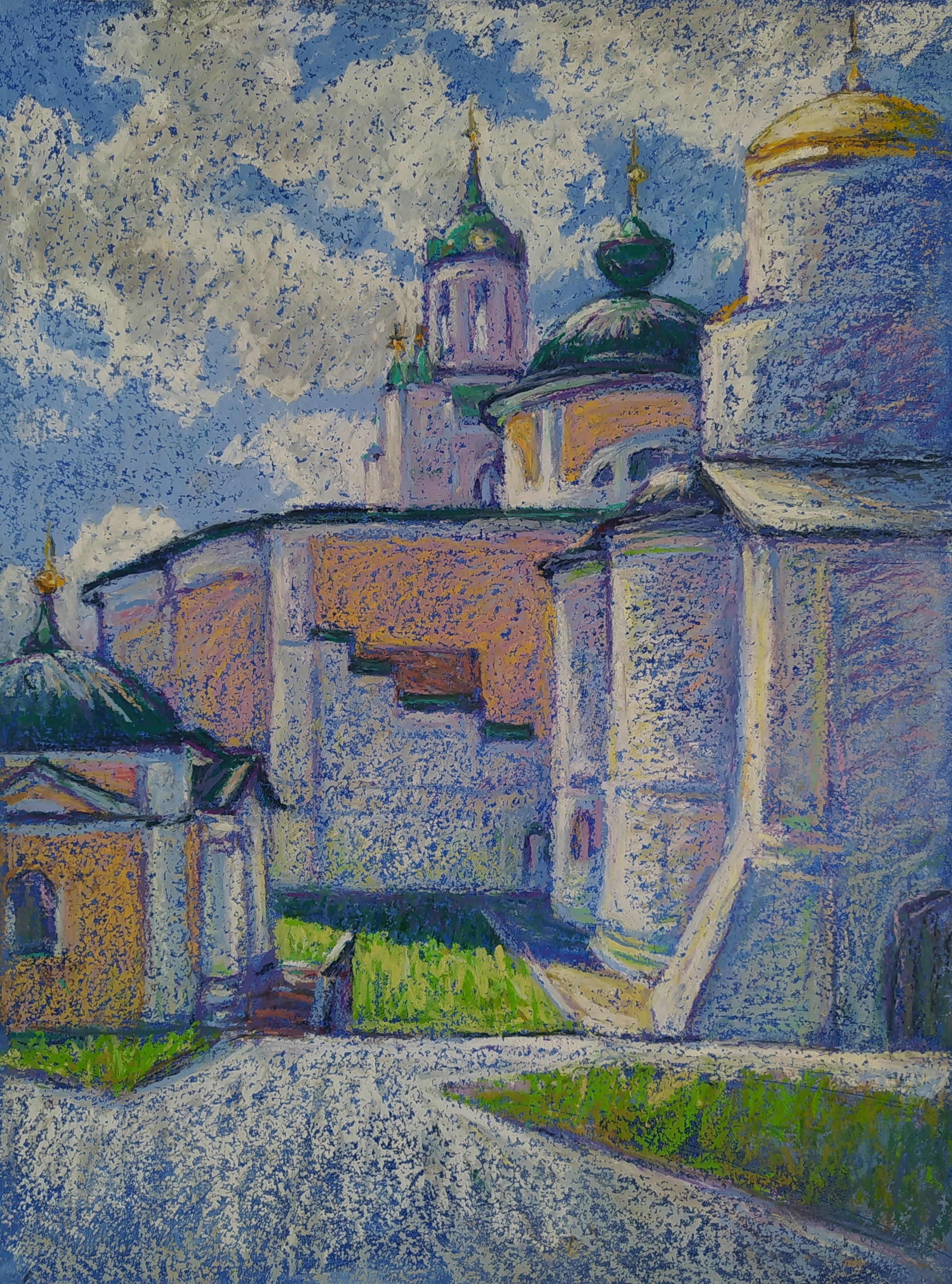 Пейзаж масляной пастелью, рисунок - Ярославль и территория музея-заповедника с его архитектурой и звонницей