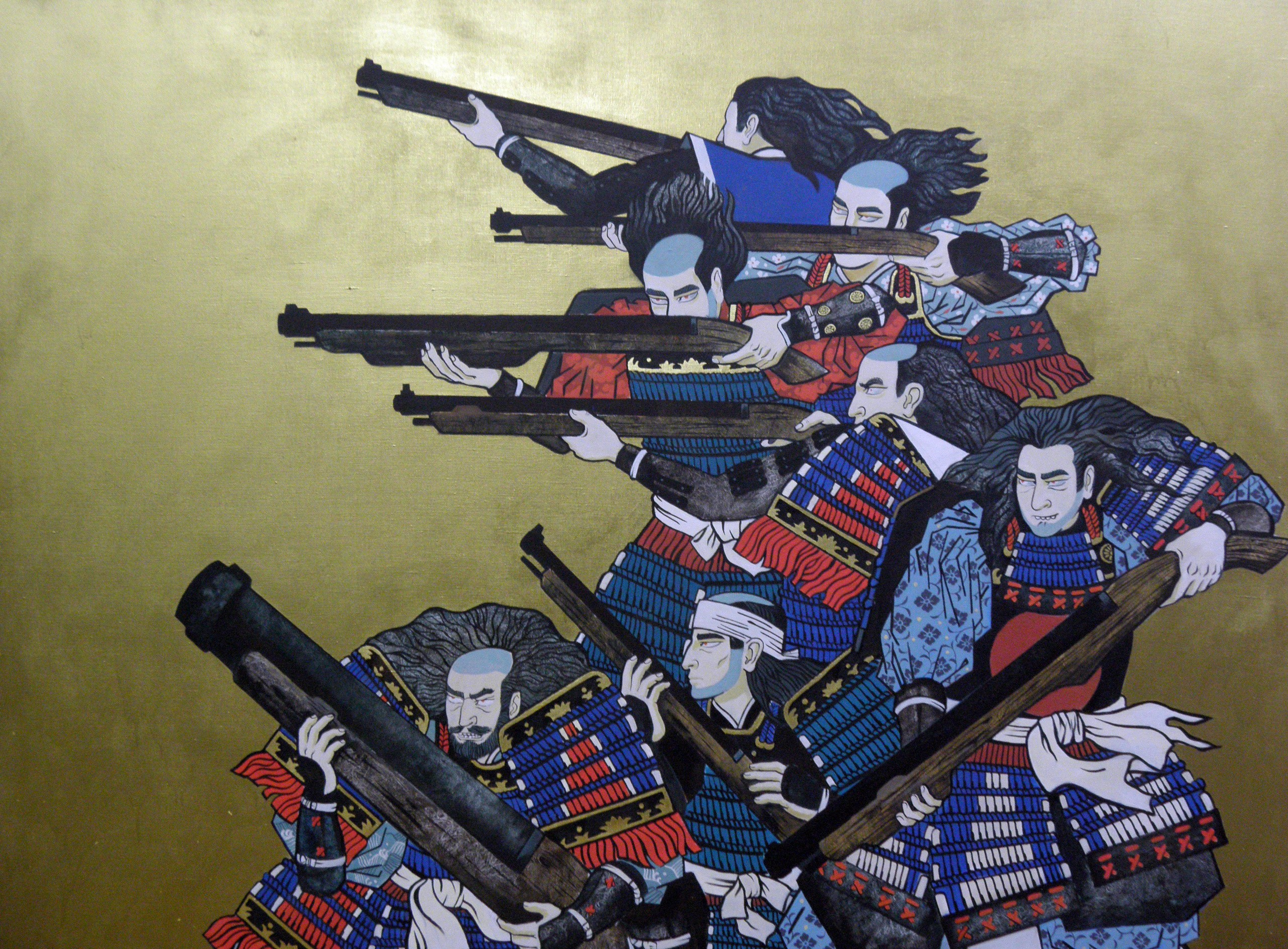 На холсте изображены самураи с ружьями.