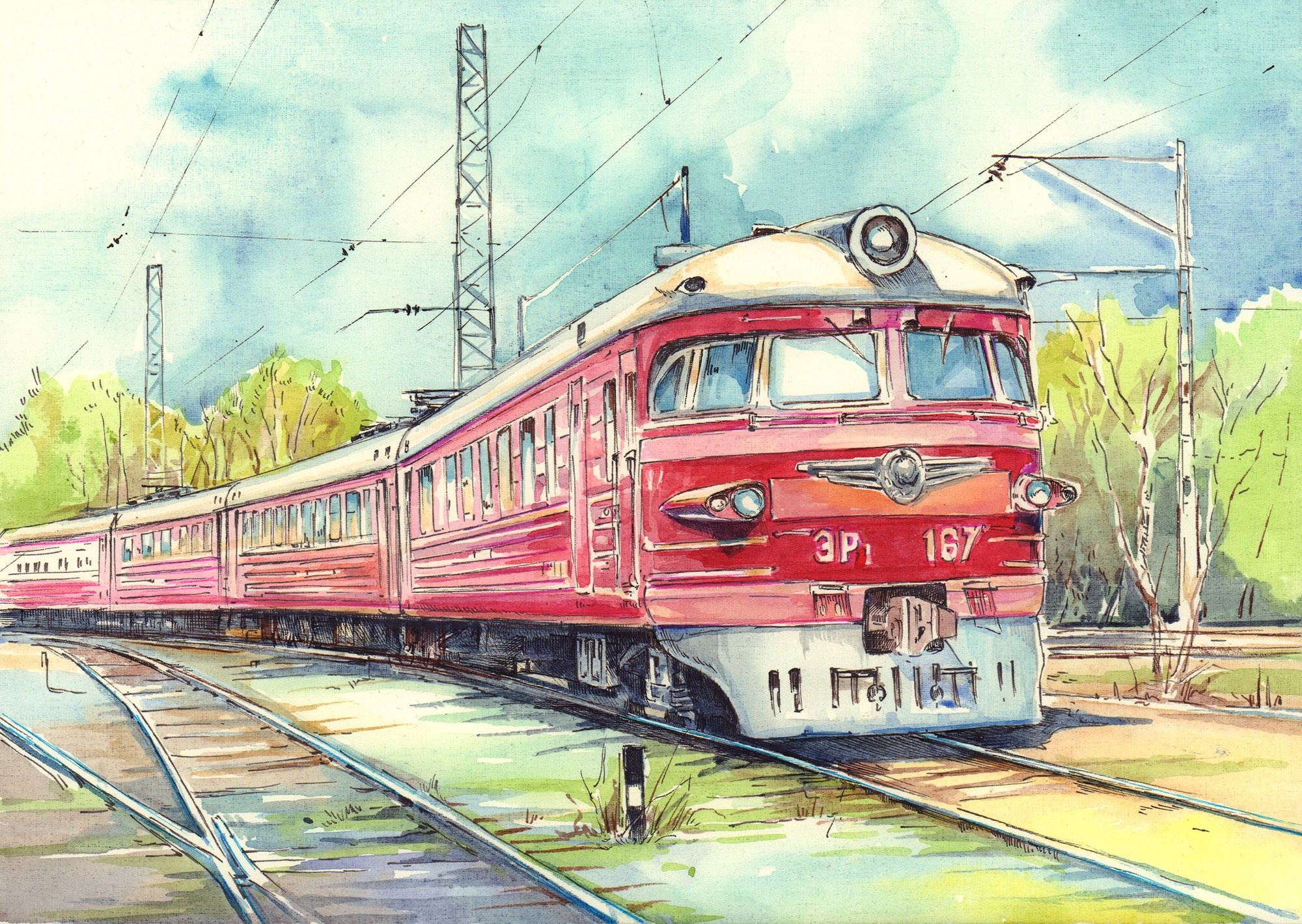 Пригородные поезда. Художник Александр Петрунин