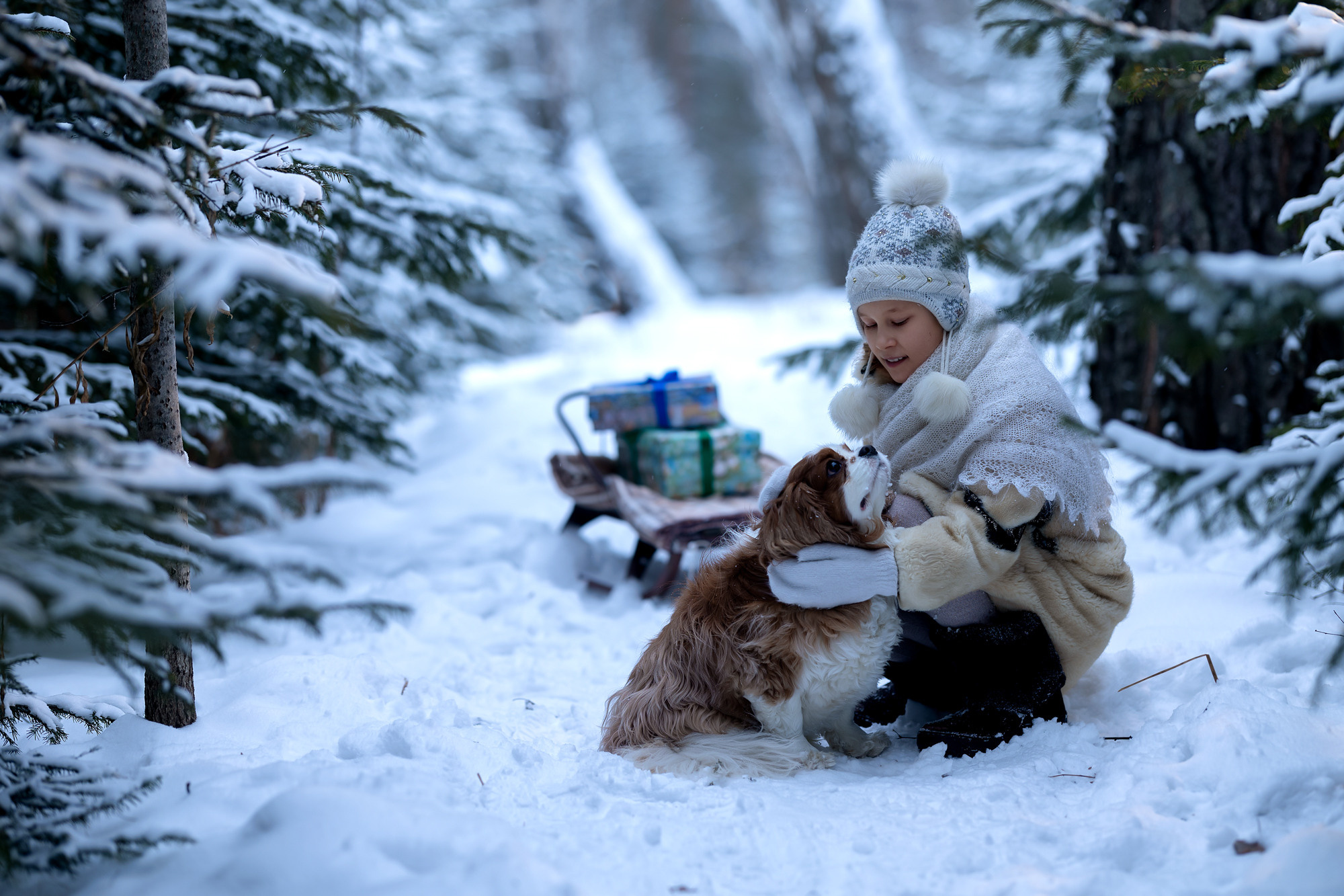 Зимняя фотосессия в лесу. Новогодняя фотосессия в лесу с девочкой и собакой.