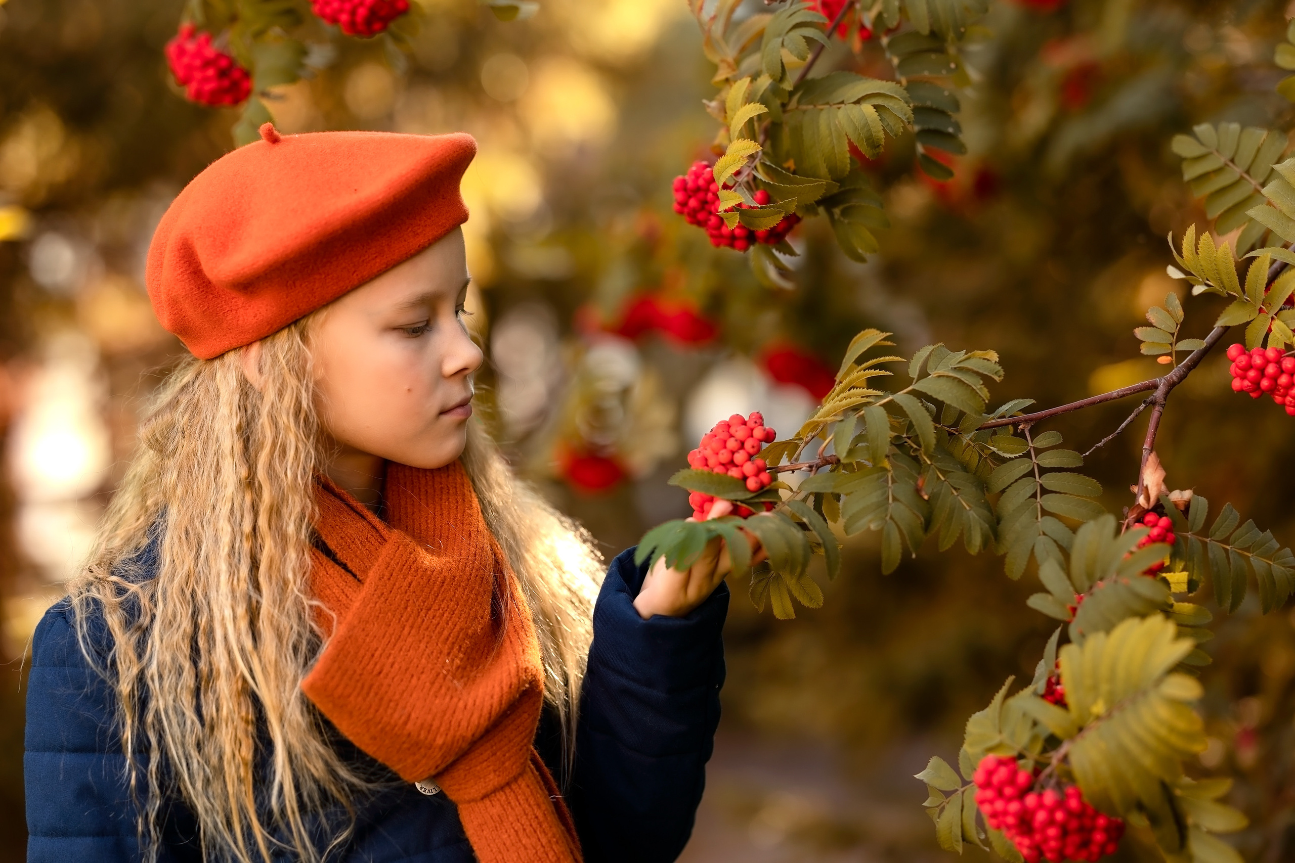 Девочка возле осенней рябины. Фотосессия осенью.