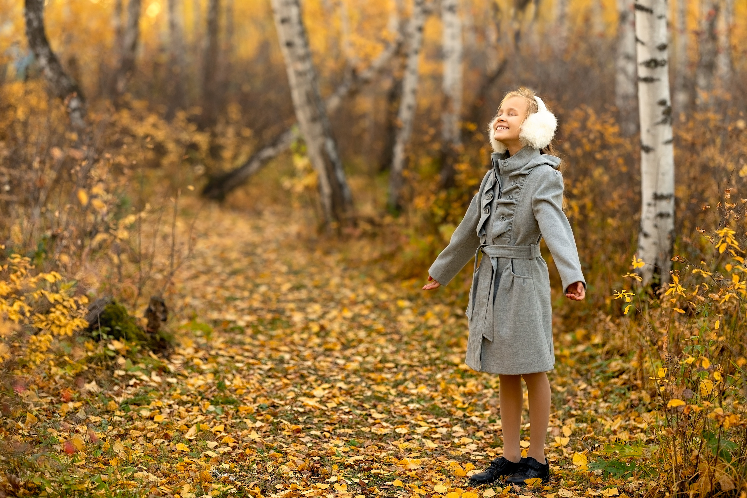 Девочка в парке , в осеннем березовой  лесу идет по дорожке