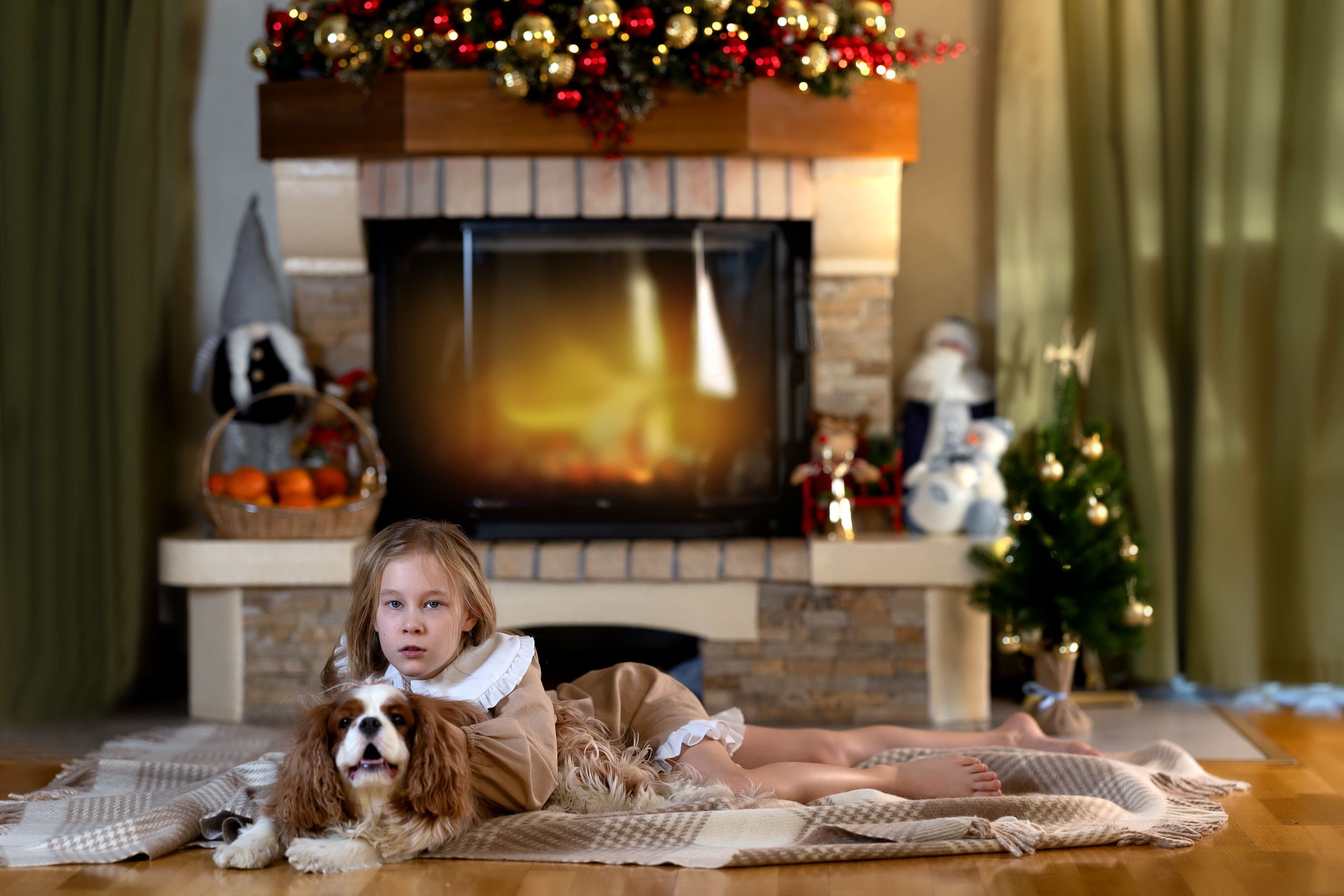 Девочка с собакой возле камина, новогодняя фотосессия. Рождество дома
