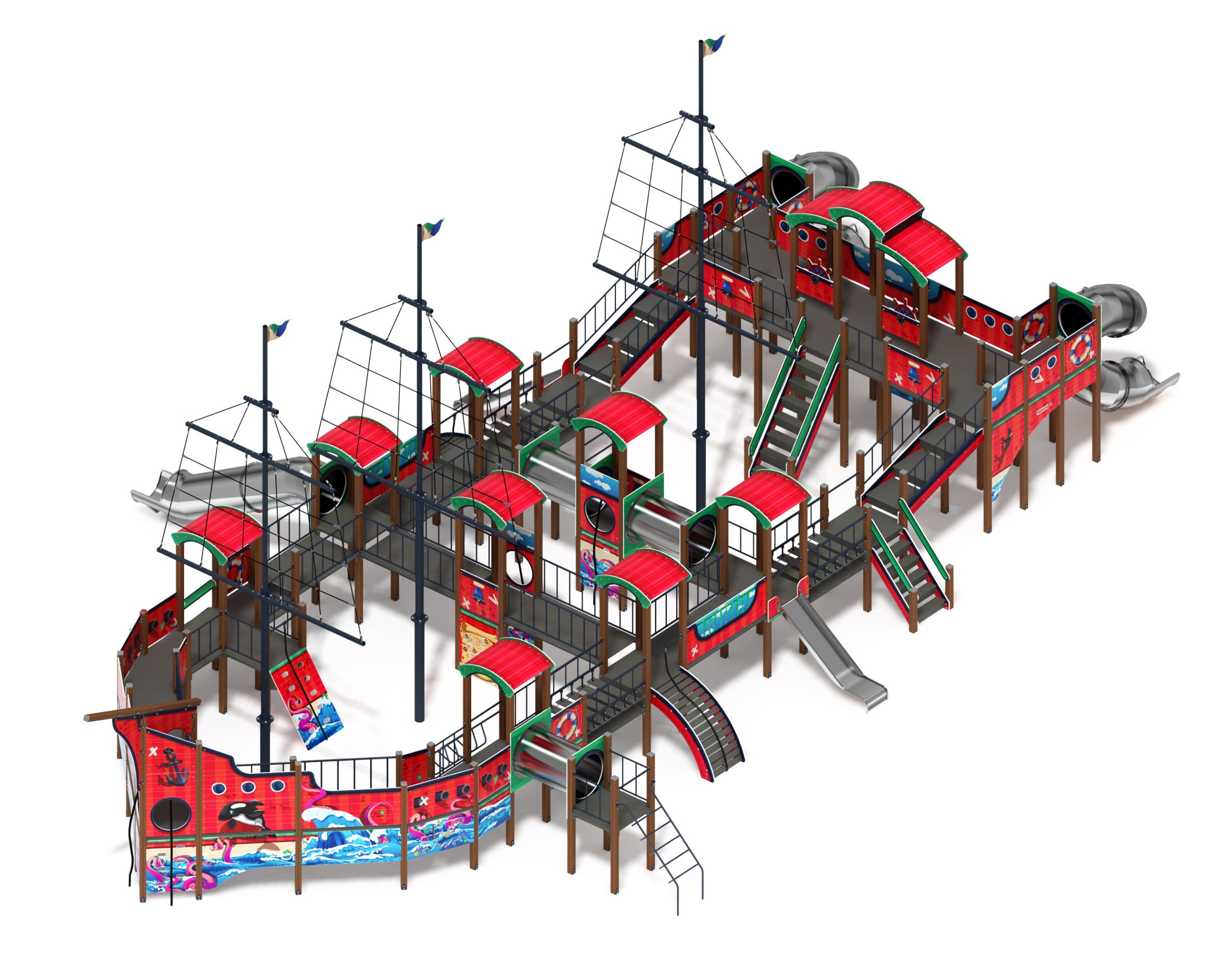Баркентина (Мульт) - ДИК 2.03.3.06-20 - Игровой комплекс (нержавейка скат) H=1200, Н=1500, Н=2000                                                                       Габариты (ШхДхВ): 23420х14240х9460                                                                                                                                                                     Зона безопасности, мм:  26920х17740                                                                                                                                                              Скат горки: H=1200 (прямой скат) / H=1500 (винтовой скат) / H=2000 (винтовой скат)                                                                                                                                           Возрастные ограничения от 5 до 12 лет