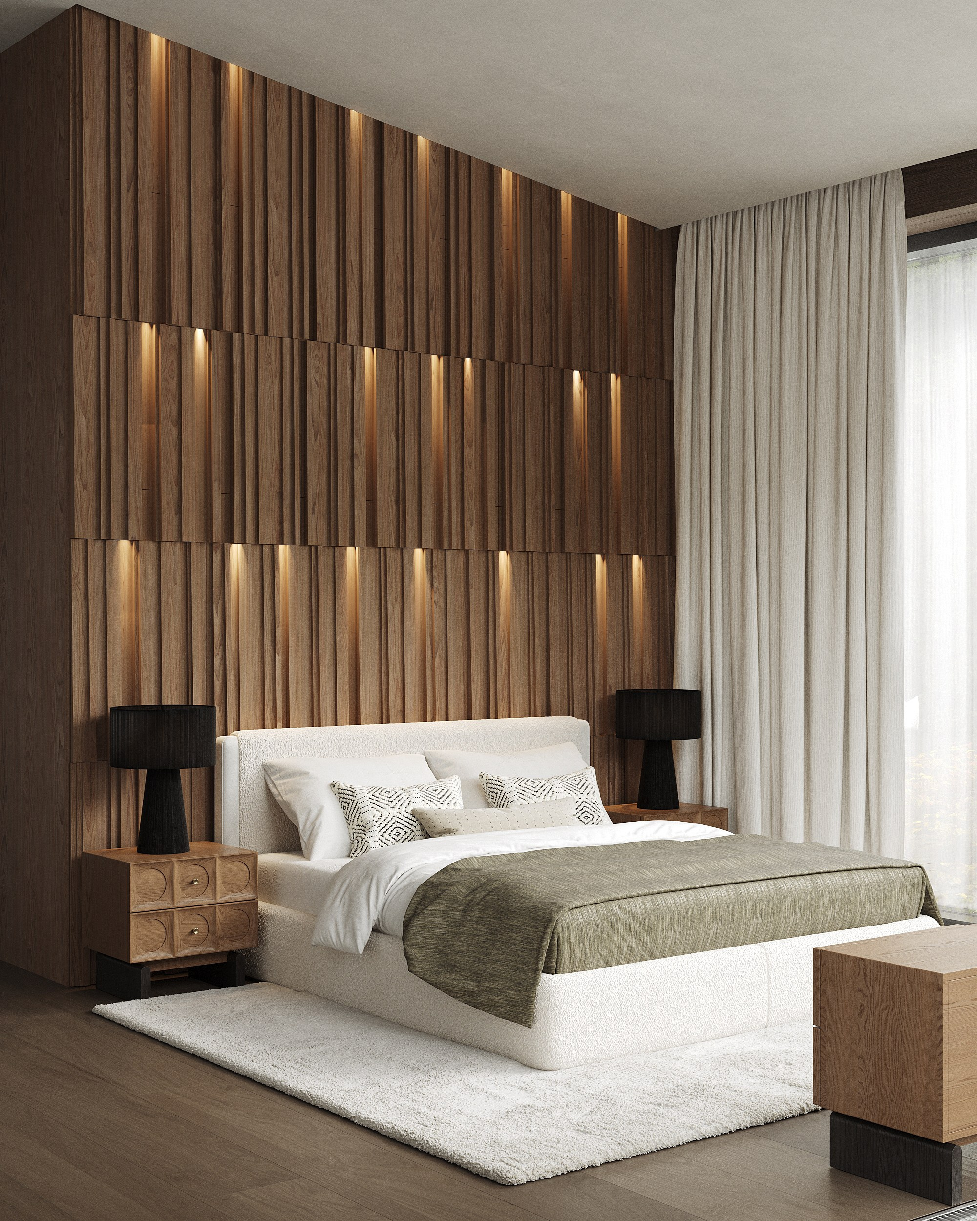 Уютная светлая спальня в доме из бруса с дизайнерской мебелью.