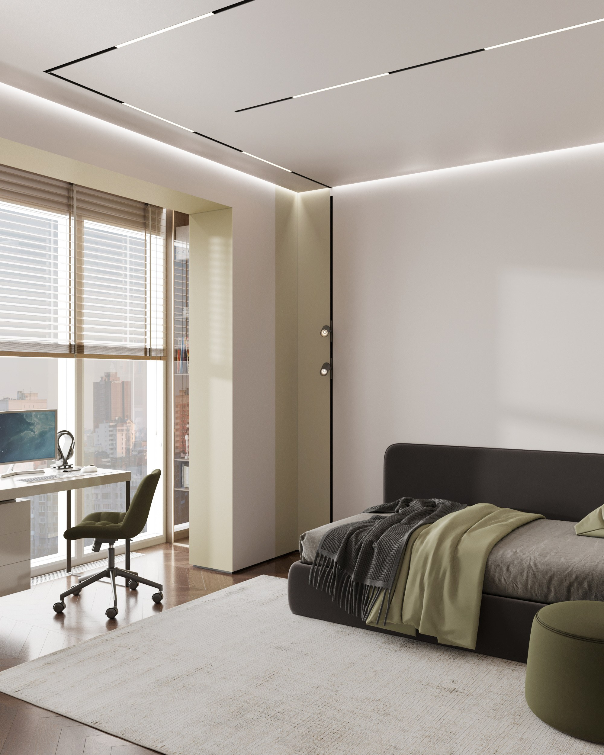 3D визуализация светлой детской спальни с большой кроватью, мягким текстилем в серо-зелёных тонах