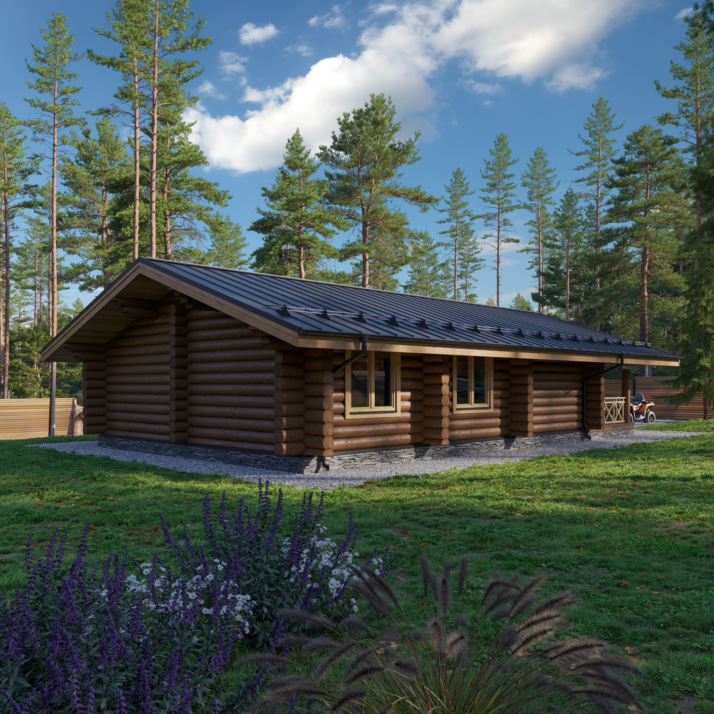 Тыльная часть одноэтажного бревенчатого дома на просторном участке с зелёным газоном