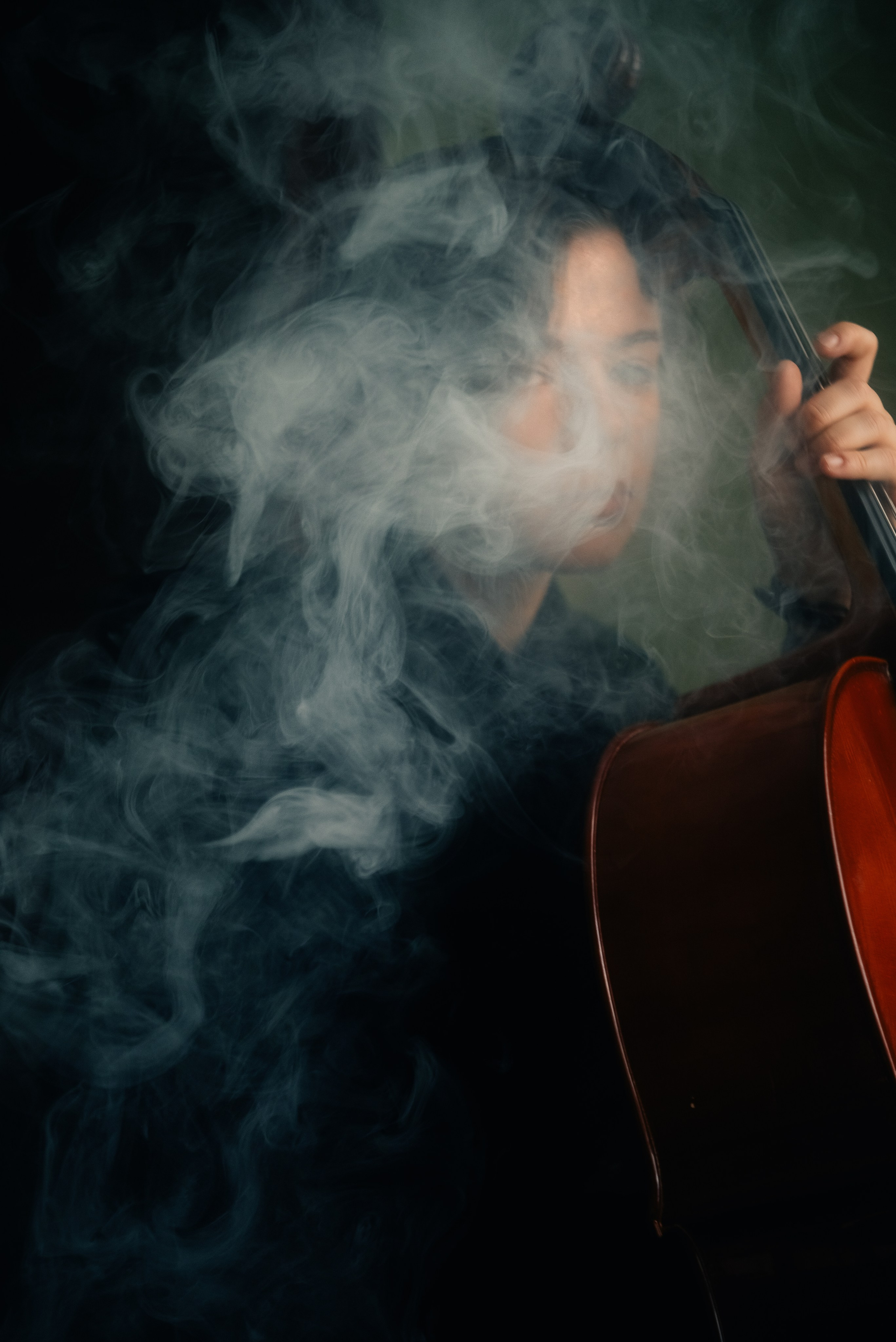 женский портрет в дыму с виолончелью