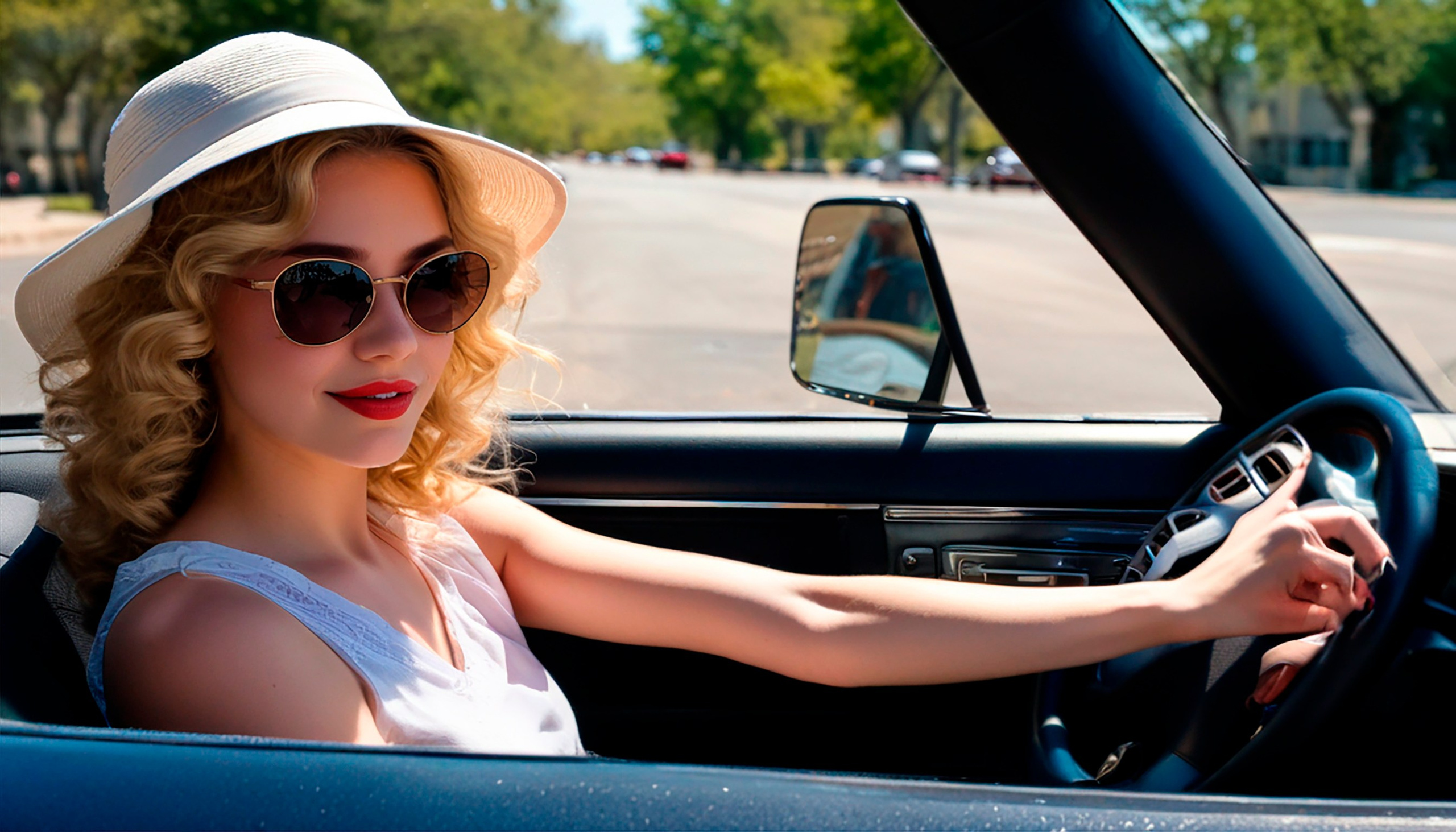 A blonde girl in black sunglasses and a white hat driving an open car, a sunny day, somewhere in America, our days..
