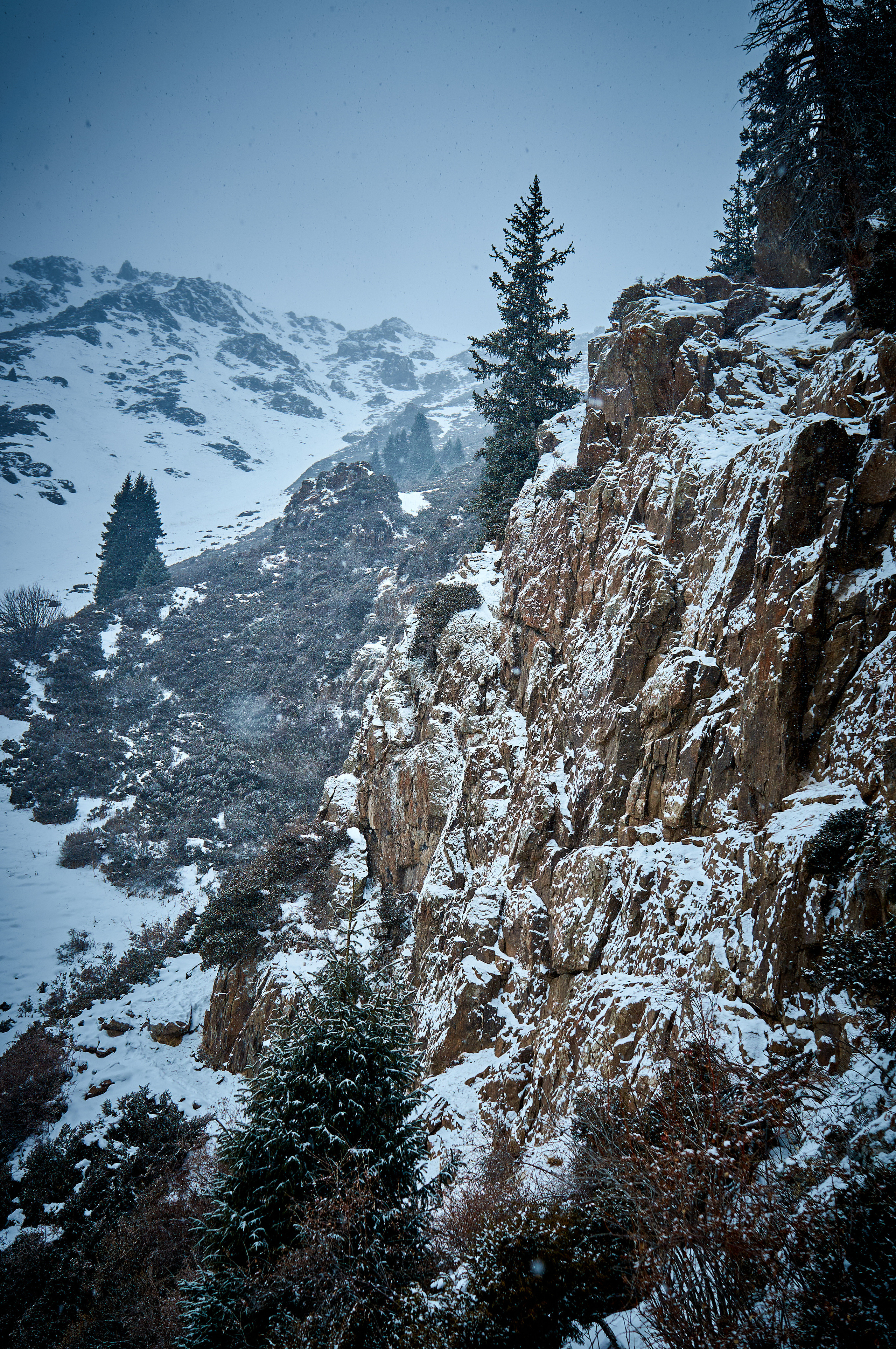 Скалы во время снегопада