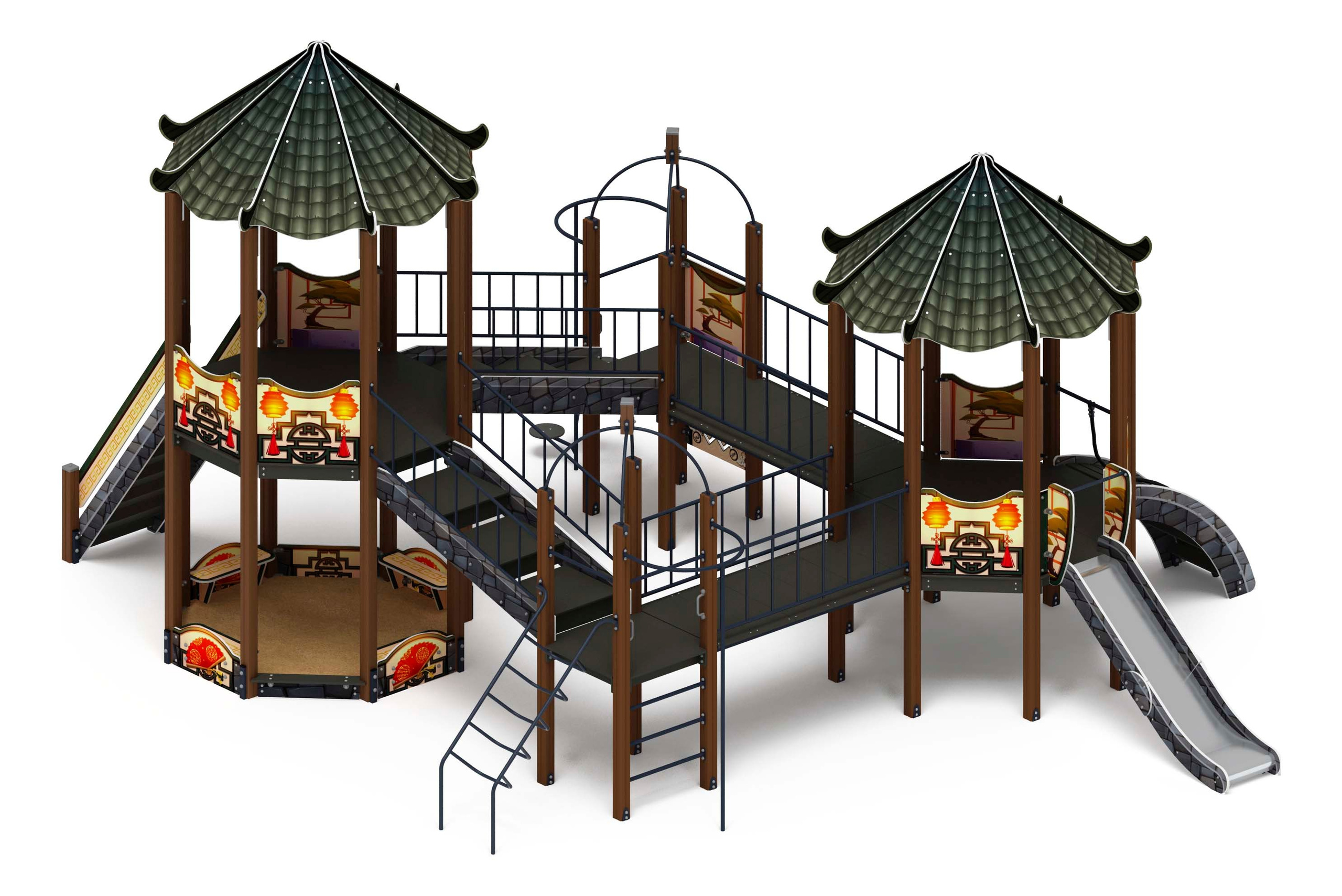 Карнавал (Шанхай) - ДИК 2.22.06-02 - Игровой комплекс H=1200                                                                                                         Габариты (ШхДхВ): 7800x9390x5100                                                                                                                                                                       Зона безопасности, мм: 10890х12890                                                                                                                                                                      Скат горки: H=1200 (металлический скат)                                                                                                                                                    Возрастные ограничения от 5 до 12 лет