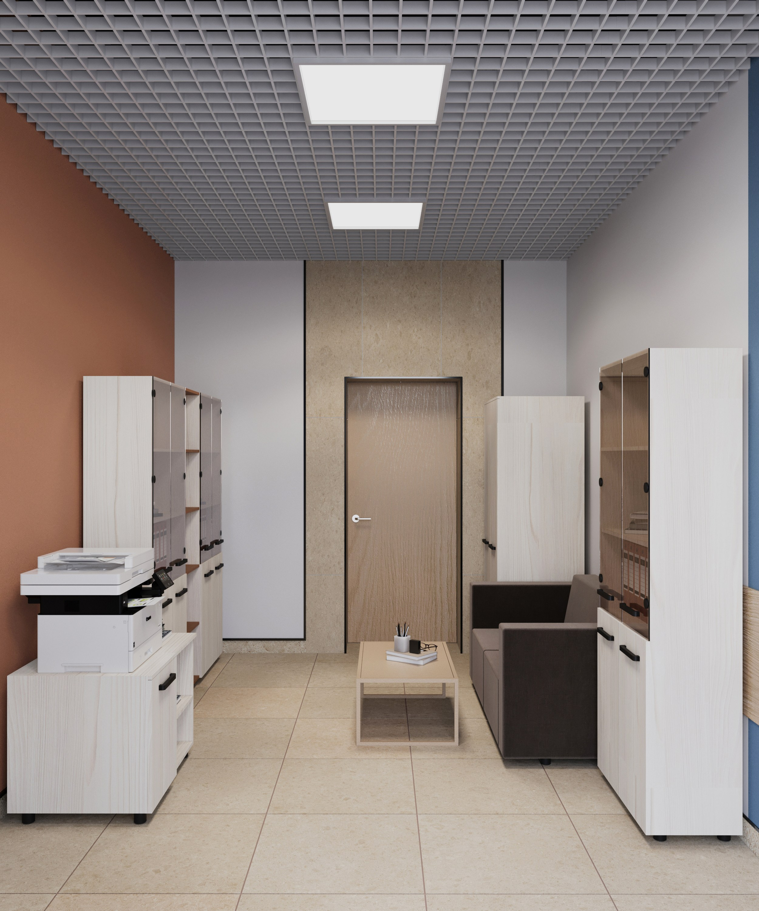 Офис на двух человек с шкафами для документов, принтером, диваном и рабочей зоной